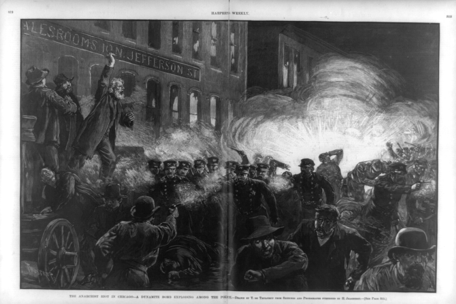 This image appeared in <em>Harper’s Weekly</em> showing the violence in Chicago’s Haymarket Square on May 4, 1886. In it, an “anarchist” is depicted whipping the crowd into a frenzy as a bomb explodes and the police and a crowd member exchange gunfire. By the late nineteenth century, images in weekly and monthly periodicals were a major source of visual news for the public. Pictorial coverage of the Haymarket trial was almost uniformly hostile to the eight activists who were accused of inciting the crowd to violence.