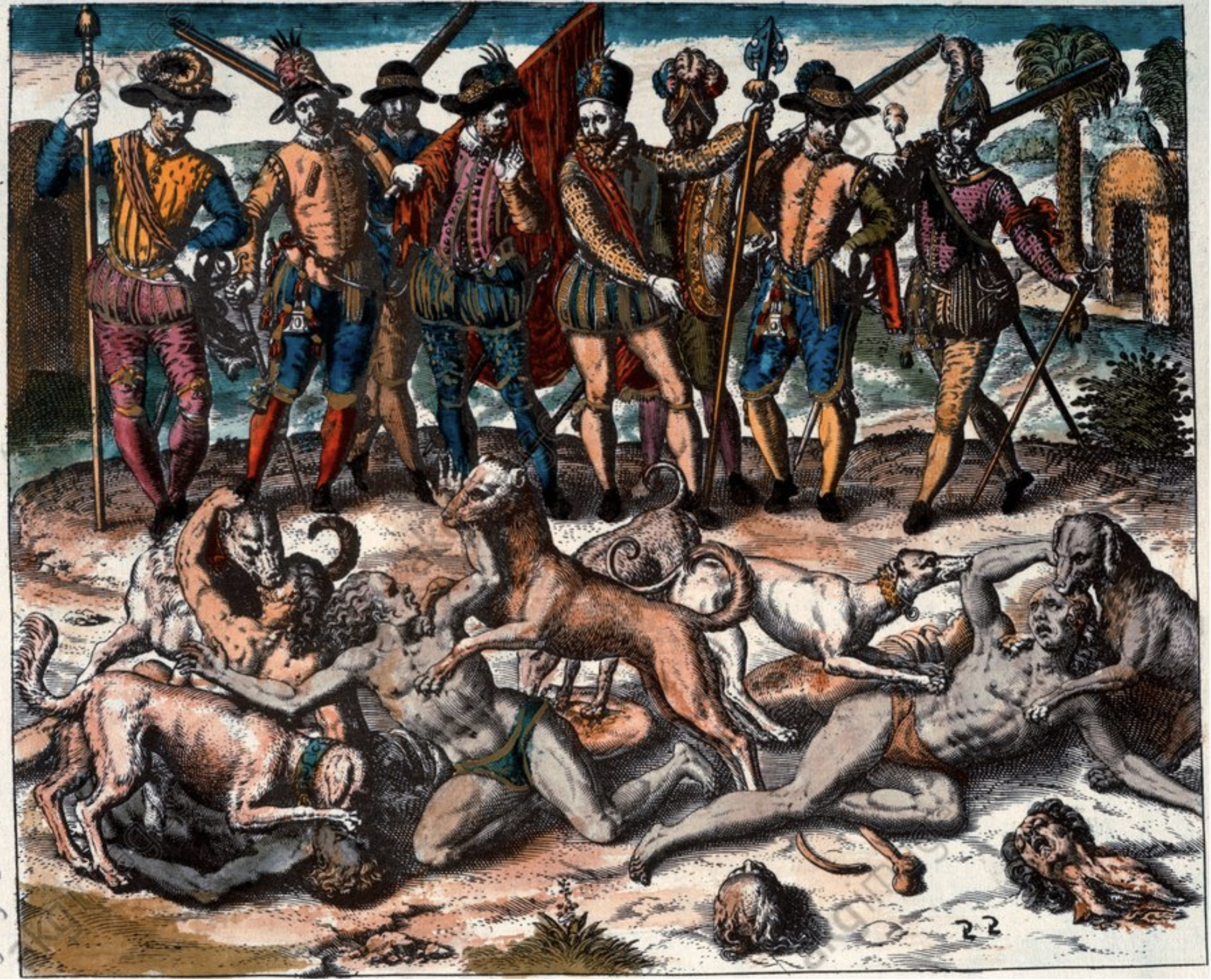Girolamo Benzoni, a merchant from Milan, spent fifteen years in the Americas in the mid-16th century. In 1565 he published an account of his travels,&nbsp;<i>Historia del Mondo Nuovo</i>. His book, which included vivid descriptions of the cruel and violent ways that Spanish explorers abused Indigenous people, was reprinted many times. In 1594, Theodor de Bry included this image in his reprinted account of Benzoni’s travels. De Bry was an engraver from Belgium who published hundreds of images depicting European voyages to the Americas. Yet de Bry never traveled to the Americas himself; instead he relied on his imagination and the accounts and drawings produced by other Europeans. Even though not based on firsthand observation, de Bry’s illustrations played an important role in shaping Europeans’ views of America’s Indigenous people, the landscape, and the presence of Europeans in the Americas. De Bry titled this image “Balboa throws a number of Indians, who committed the sin of sodomy, to the hounds.” It was meant to depict the reactions of Vasco Núñez de Balboa and other Spanish explorers to nonbinary Indigenous people.