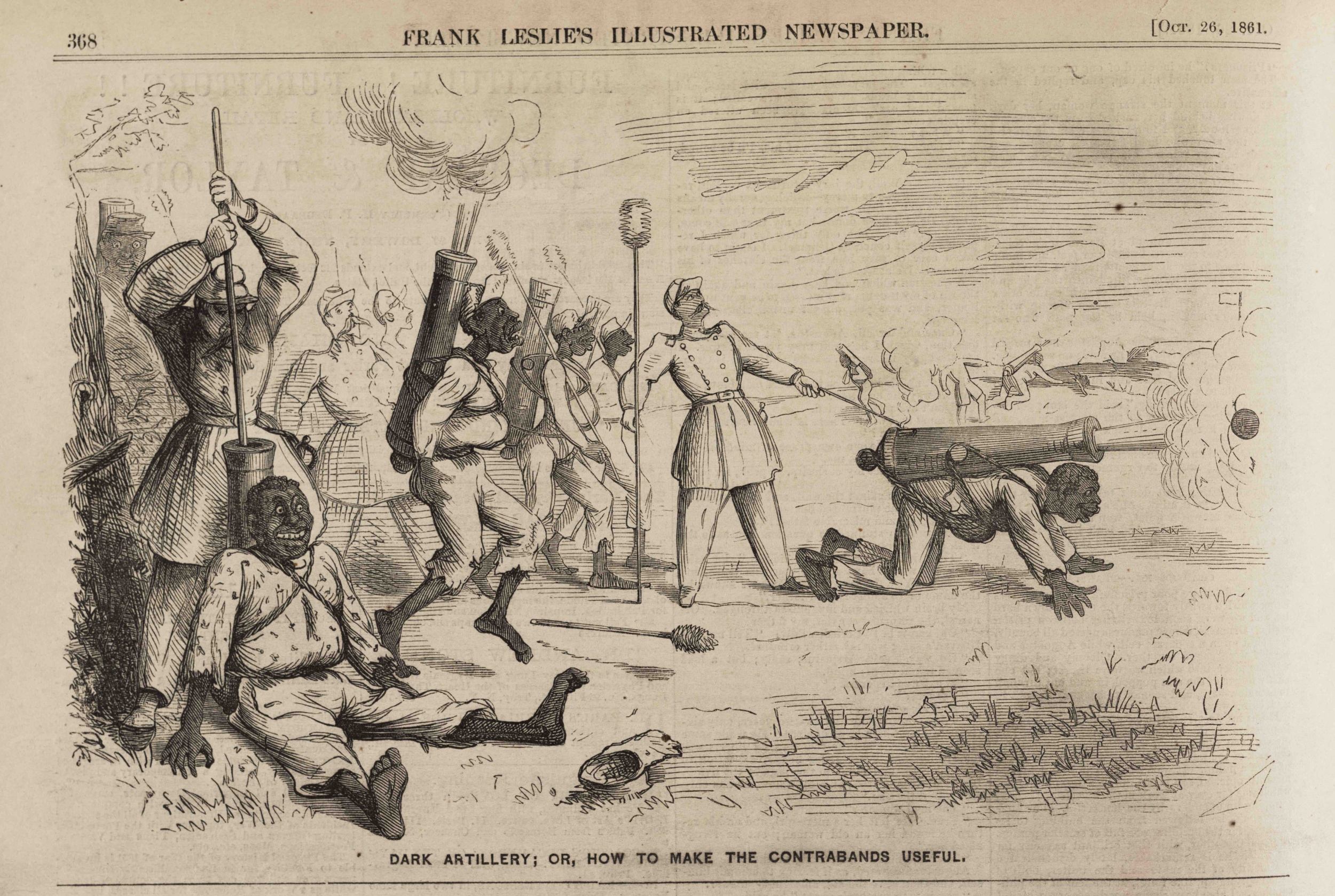 <p>Many political cartoons in the pictorial press criticized “contrabands” as a burden on Union forces. As one example,&nbsp;<i>Frank Leslie’s Illustrated Newspaper</i> offered its readers “comical” suggestions for how they might be used in the war effort. In this October 1861 cartoon,” artist Frank Bellew proposed an absurd and cruel solution, grounding its “humor” in racist stereotypes about African American subservience, gullibility, and childishness.&nbsp;</p>