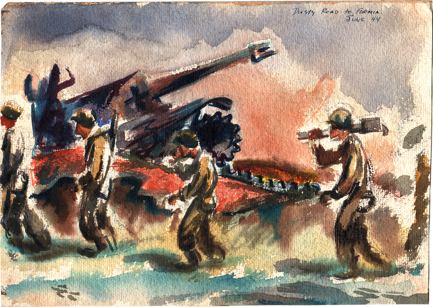 Bronx-born artist Corporal Ben Hurwitz kept a personal record in pencil, pen, and paint of his experience during the lengthy campaign during World War II that would eventually liberate Rome in June 1944. “That’s a wrecked German tank—[equipped with] the dreaded Eighty-eight cannon,” Hurwitz (who changed his name to Brown) commented in a postwar interview. “Its projectile went so fast, you would hear it only after it passed.”