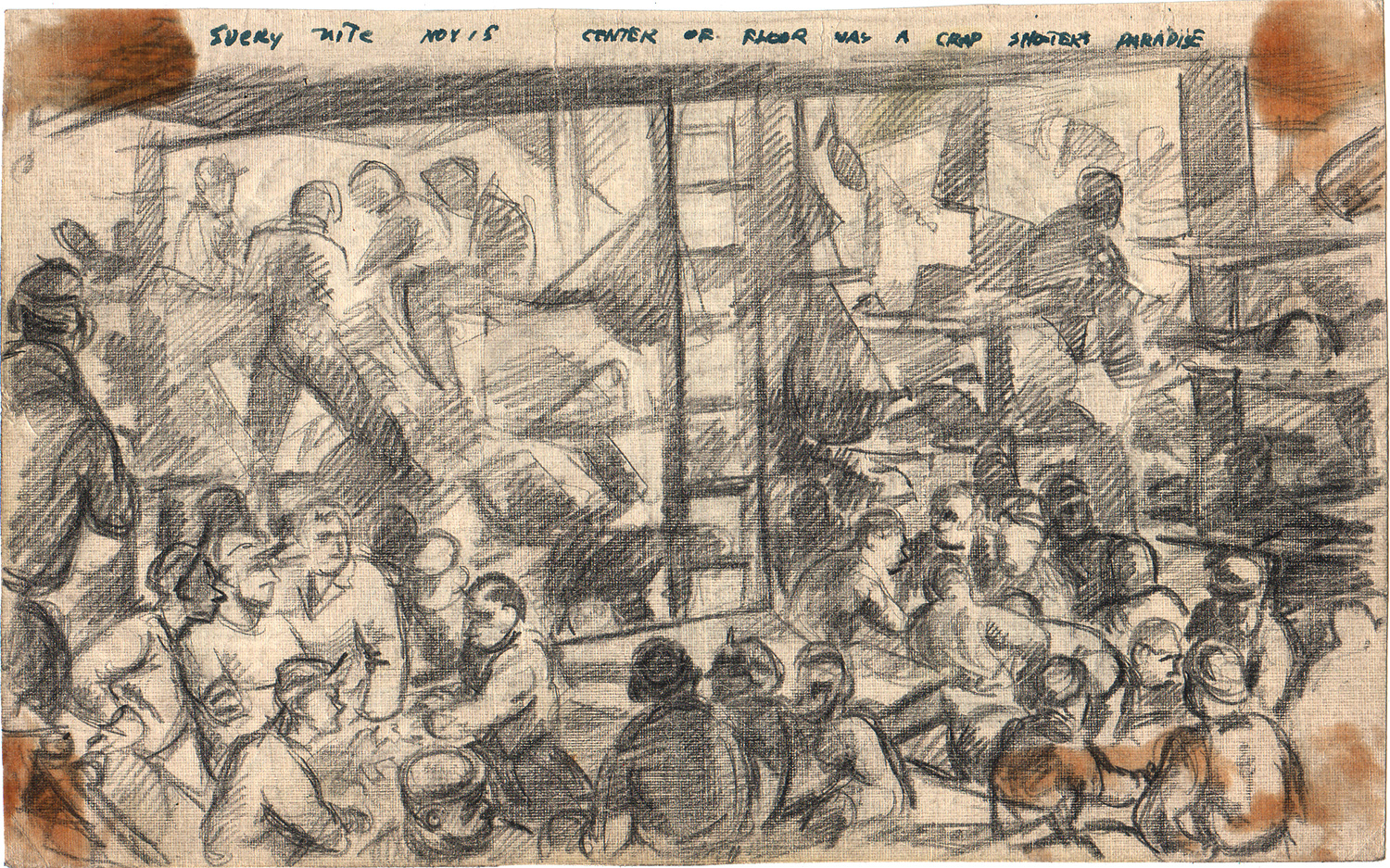 Bronx-born artist Corporal Ben Hurwitz kept a personal record in pencil, pen, and paint of his experience during the North African and Italian campaigns during World War II—including sketches of the cramped and crowded hold of a ship enroute to Africa in the fall of 1943. In a postwar interview the artist (who later changed his name to Brown) commented, “This is what the hold of the ship looked like: bunks going all the way up and one ladder. Once you got down there, of course, all of you weren't going to be able to go up the ladder in an emergency. . . . It was very noisy and every night was a crap shooter's paradise in the center of the floor. . . . ‘Should have volumes of cigarette smoke,’ I scrawled on the sketch.”