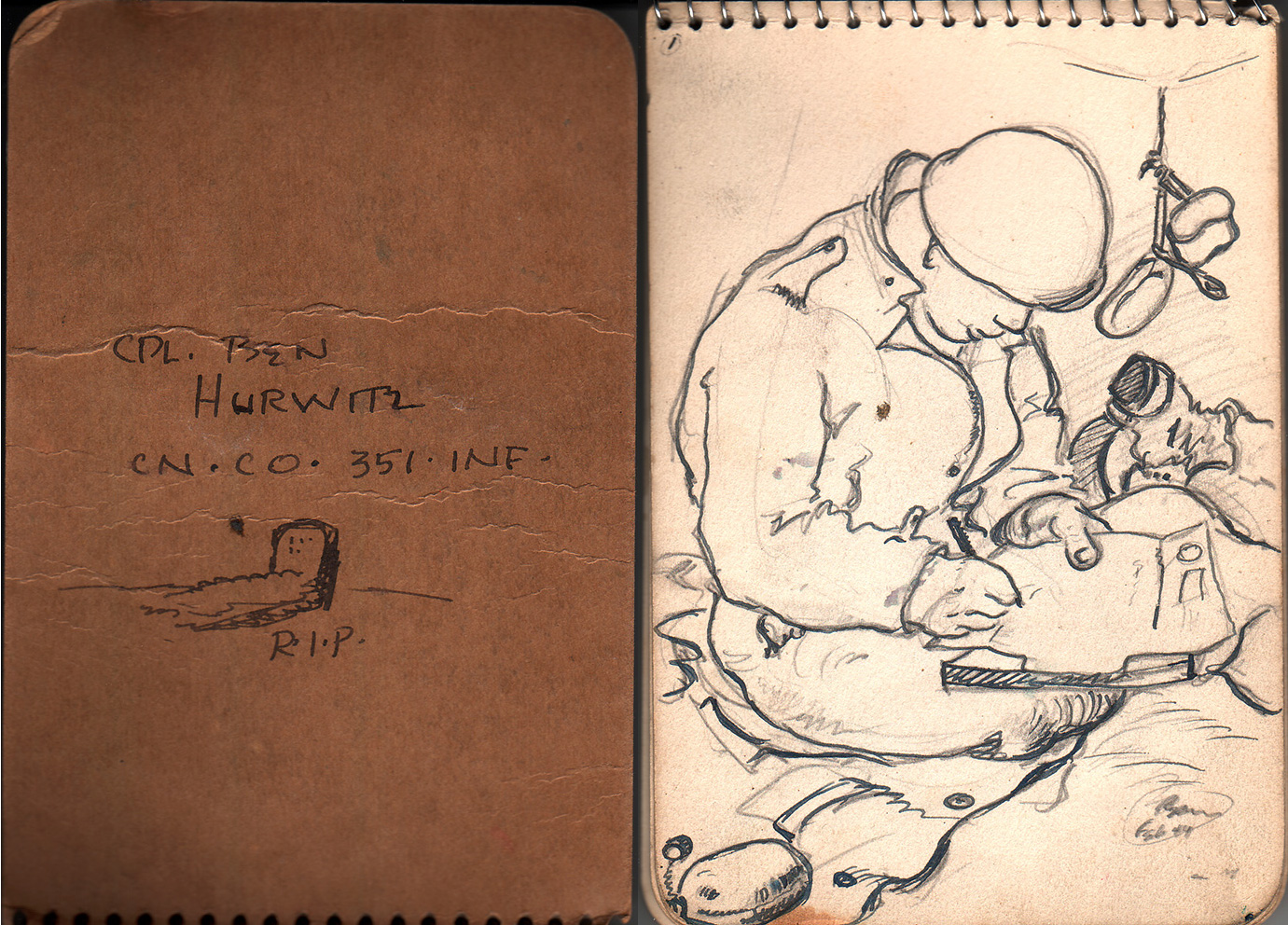 The cover and a page from one of Corporal Ben Hurwitz’s sketchpads. Like many other American soldiers who fought in World War II, Hurwitz (who later changed his name to Brown) kept a journal chronicling his wartime experience. But the native New Yorker’s personal record was composed of drawings and paintings. During his two years in North Africa and Italy, Hurwitz drew and painted during the lengthy campaign that would eventually liberate Rome in June 1944.