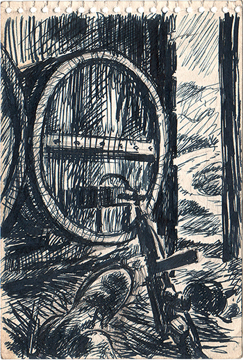 Bronx-born artist Corporal Ben Hurwitz kept a personal record in pencil, pen, and paint of his experience during the lengthy campaign during World War II that would eventually liberate Rome in June 1944. “That's my own foot and that's my machine gun and that's a wine barrel,” Hurwitz (who later changed his name to Brown) commented in an interview. “We'd hole up in places like this for a day or two.”