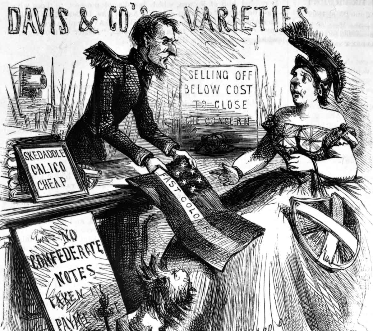 An 1862 cartoon from the northern satirical weekly <em>Vanity Fair</em> presented the Confederacy’s president trying to gain diplomatic recognition from a skeptical Great Britain. “I hardly think it will wash, Mr. Davis,” Britannia commented in the cartoon’s caption, “We hear so much about your colors running.”