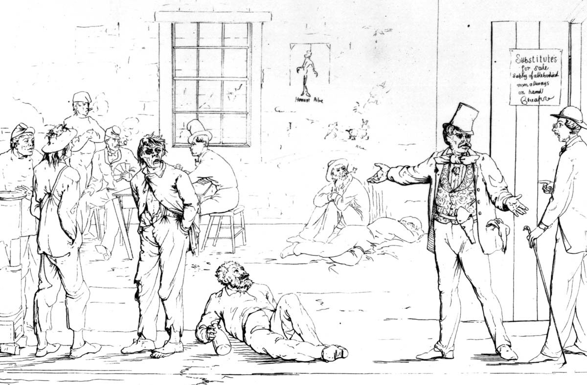 In his collection of etchings, <em>Sketches from the Civil War in North America, </em>A. J. Volck depicted the Union Army as composed of immigrant and native-born deviants and criminals. He was moved less by the inequities of the northern draft law than by his sympathy for the South.