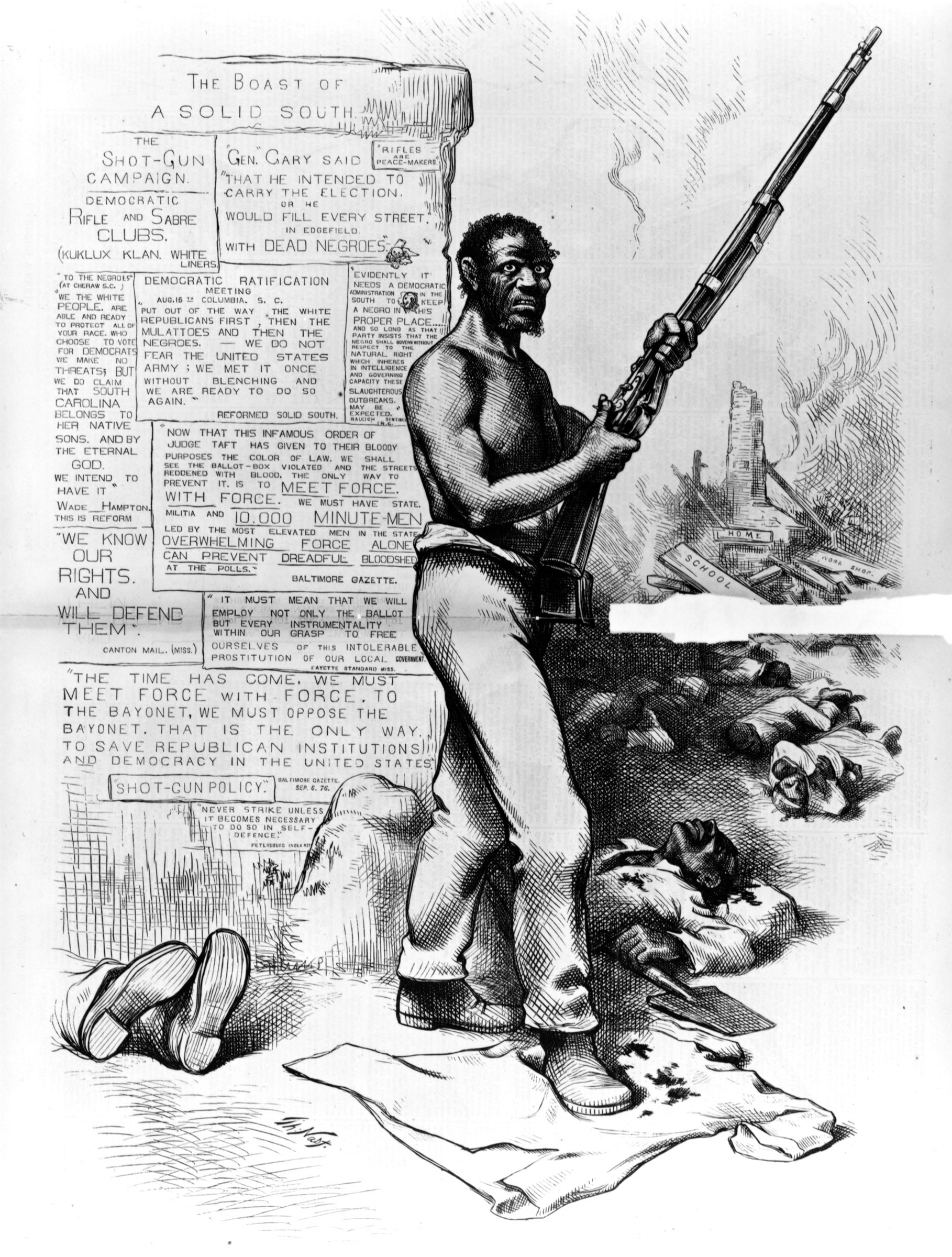 In the wake of the July 4, 1876, massacre in Hamburg, South Carolina (when local armed whites fired on outnumbered Black militiamen who were participating in an Independence Day celebration, murdering five), Thomas Nast’s cartoon was unusual in promoting armed self-defense by freedpeople.