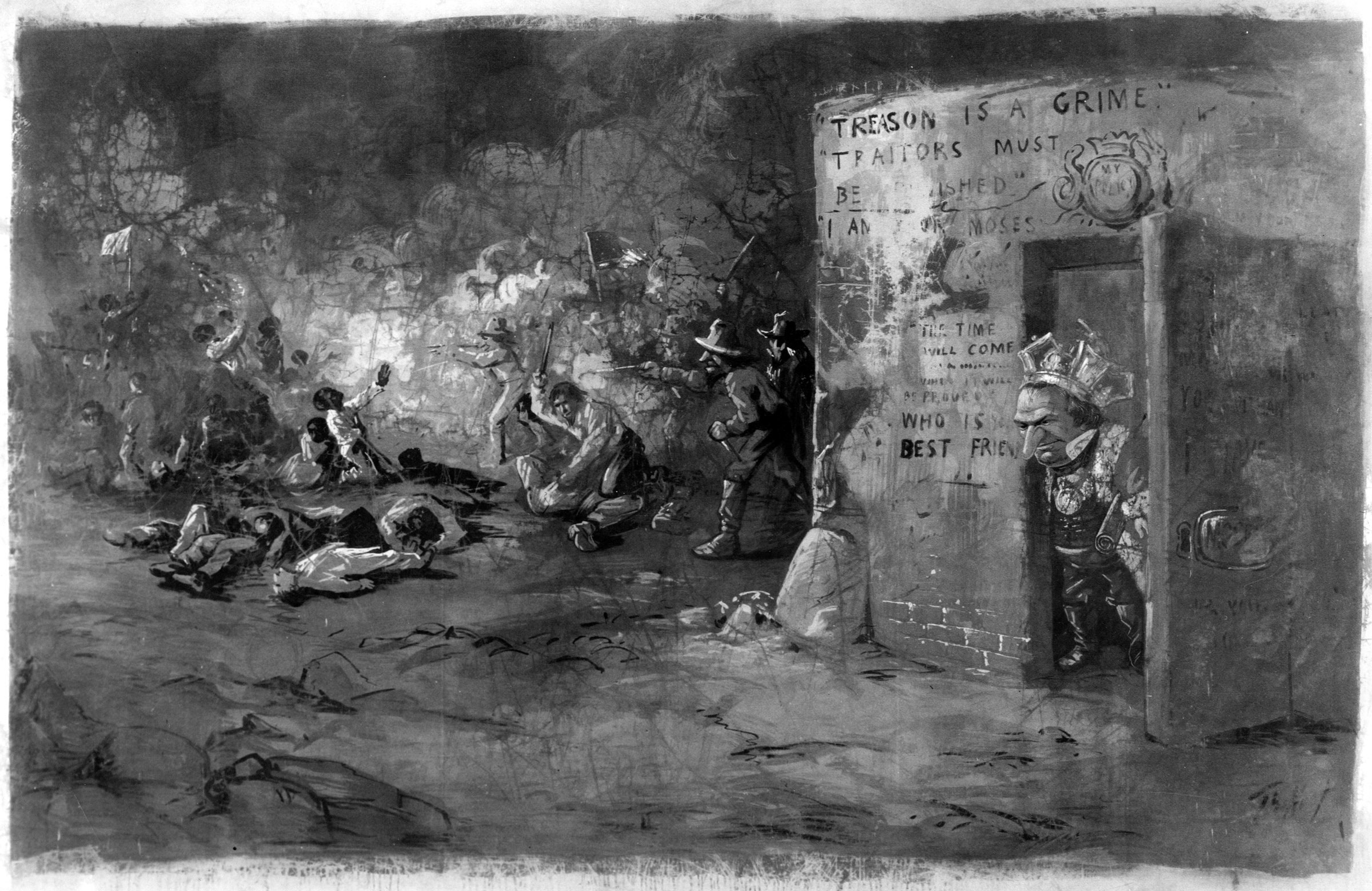 A panoramic painting by Thomas Nast shows Andrew Johnson as indifferent to the murder of freedpeople during the July 1866 New Orleans riot.