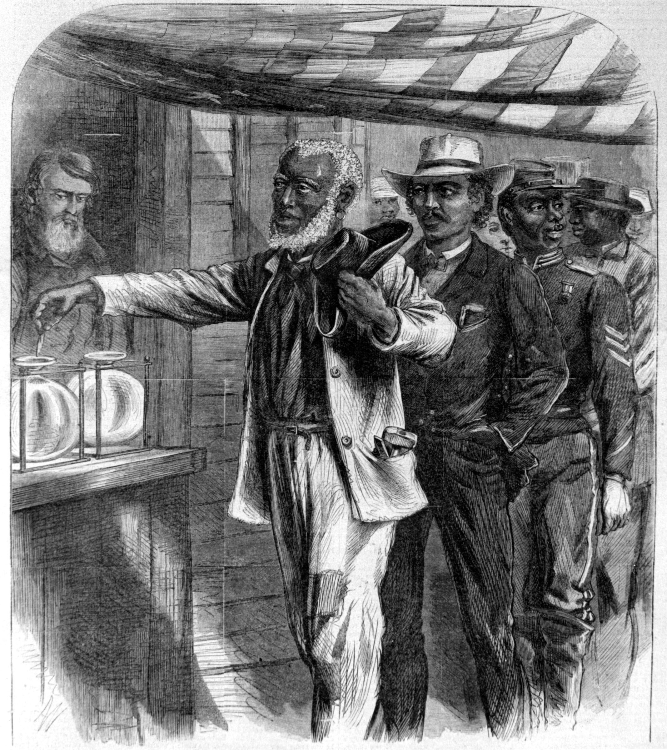 An 1867 <em>Harper’s Weekly</em>&nbsp;cover illustration features three figures symbolizing Black political leadership:&nbsp;a skilled craftsman, a sophisticated city dweller, and a Union Army veteran.