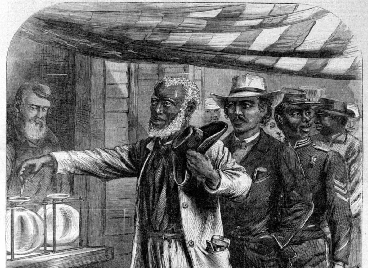 An 1867 <em>Harper’s Weekly</em>&nbsp;cover illustration features three figures symbolizing Black political leadership:&nbsp;a skilled craftsman, a sophisticated city dweller, and a Union Army veteran.