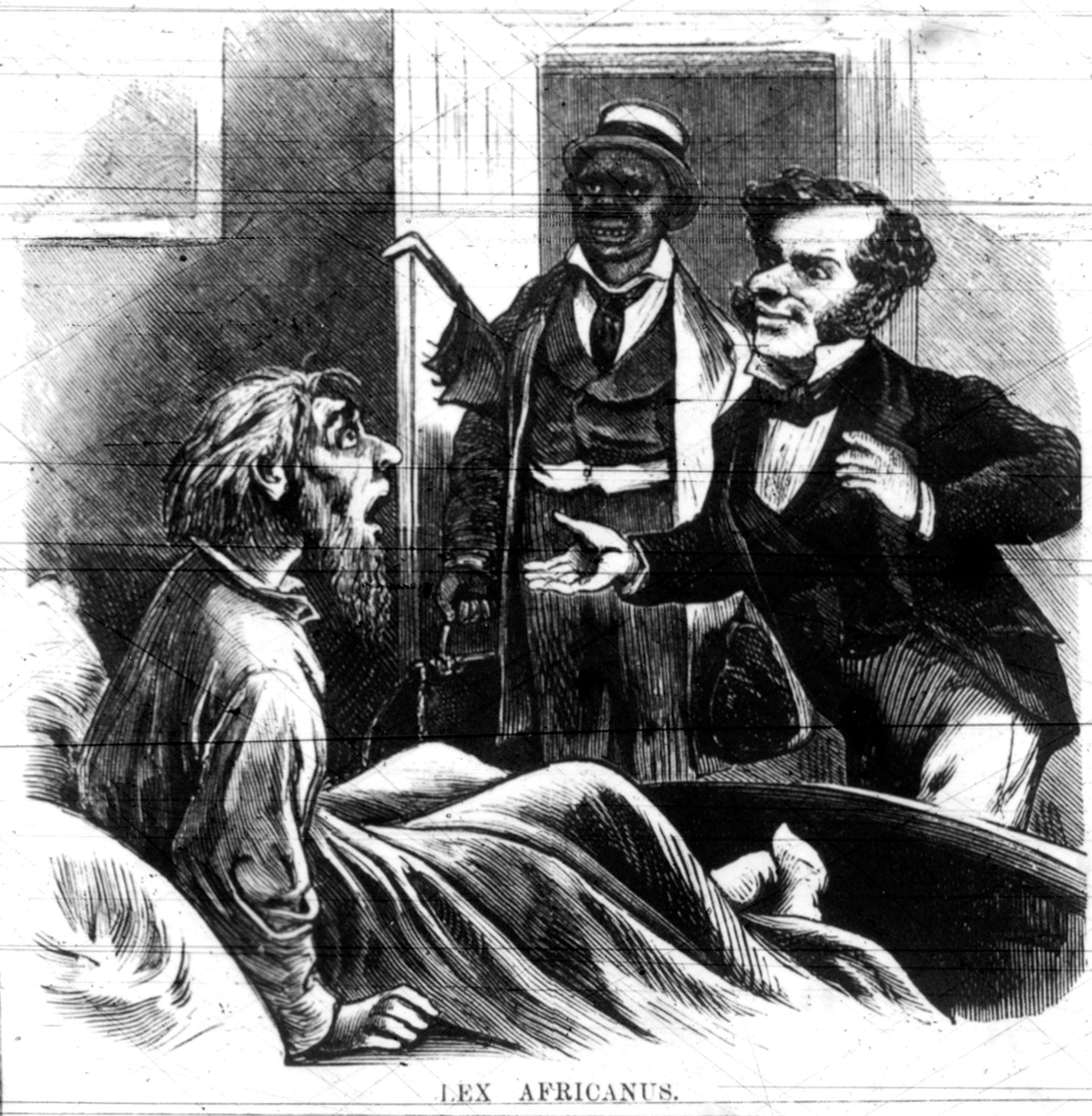 Trafficking in racist caricature, this 1874 cartoon also captured the unprecedented nature of antidiscriminatory legislation. “But I don’t want to sleep with a Negro,” exclaims a guest when confronted by the proprietor of a crowded hotel. “Well, it’s the only double bed in the house,” is the response, “and if I don’t give him half of it I shall have to pay him five hundred dollars damages. You may either sleep with him or go into the street.”