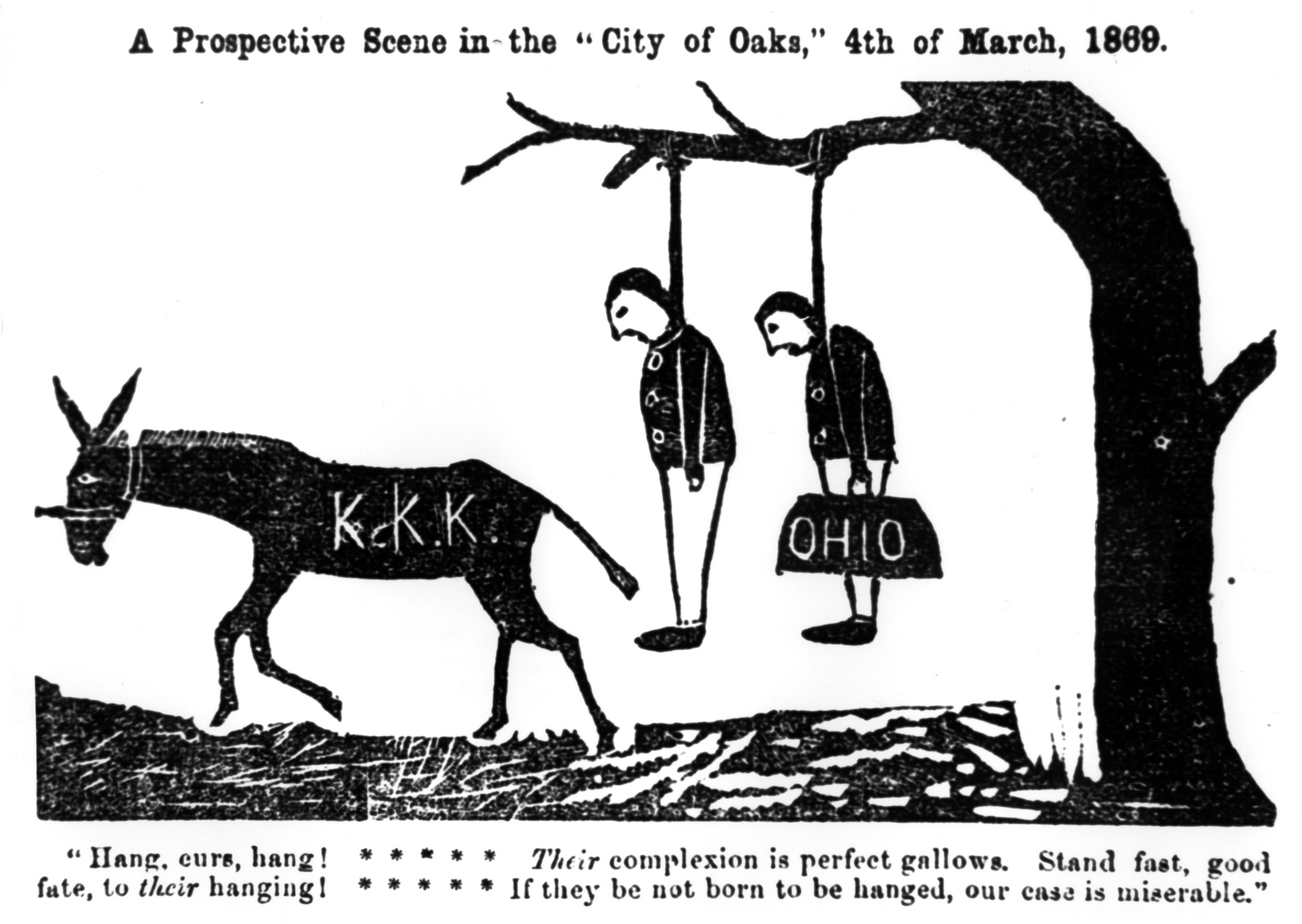 A September 1868 edition of the Tuscaloosa, Alabama, <em>Independent Monitor</em> proposes the treatment its Republican opponents should receive if they lose the upcoming presidential election. The editor of the Democratic newspaper was the Grand Cyclops of the Ku Klux Klan in Tuscaloosa.