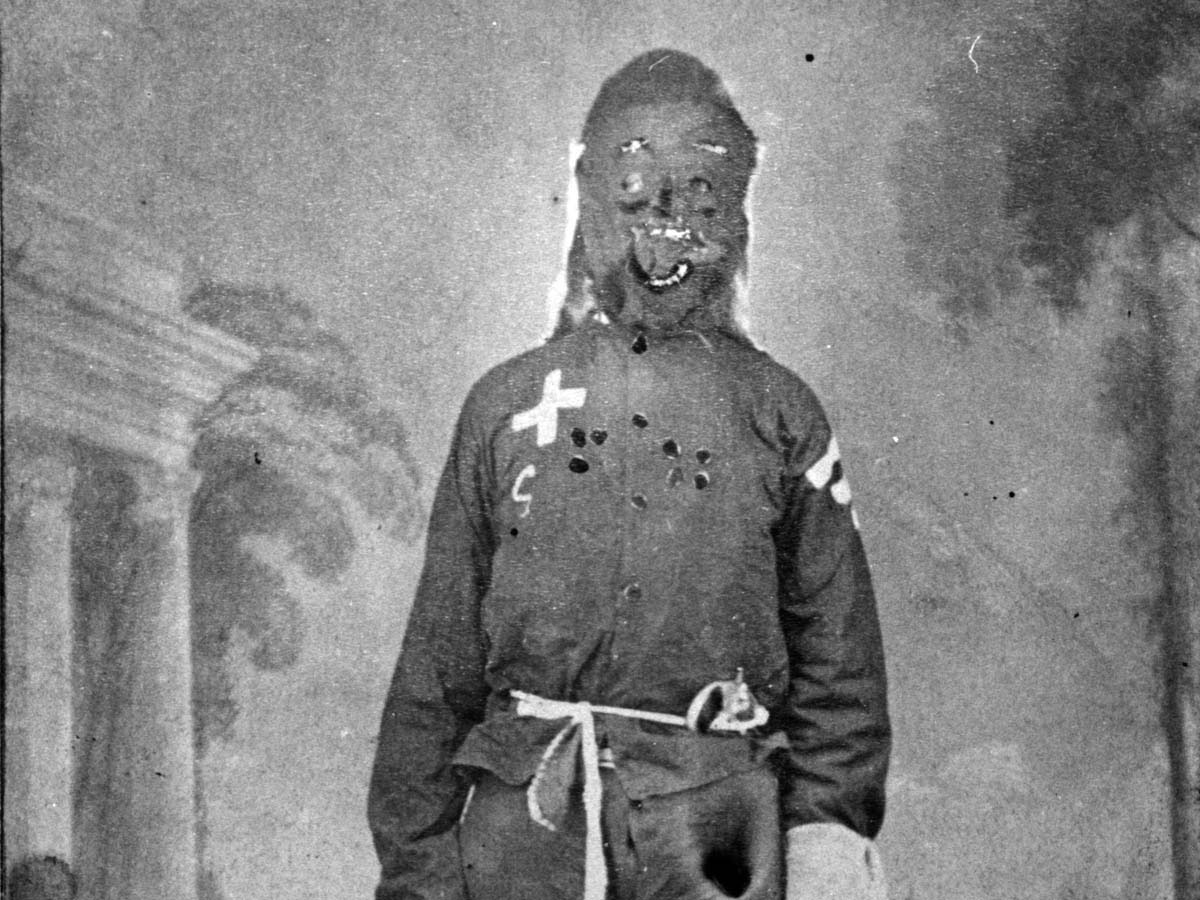 A captured member of the Ku Klux Klan posed for a Holly Springs, Mississippi, photographer after turning state’s evidence in the prosecution of Klan members under the 1871 law.