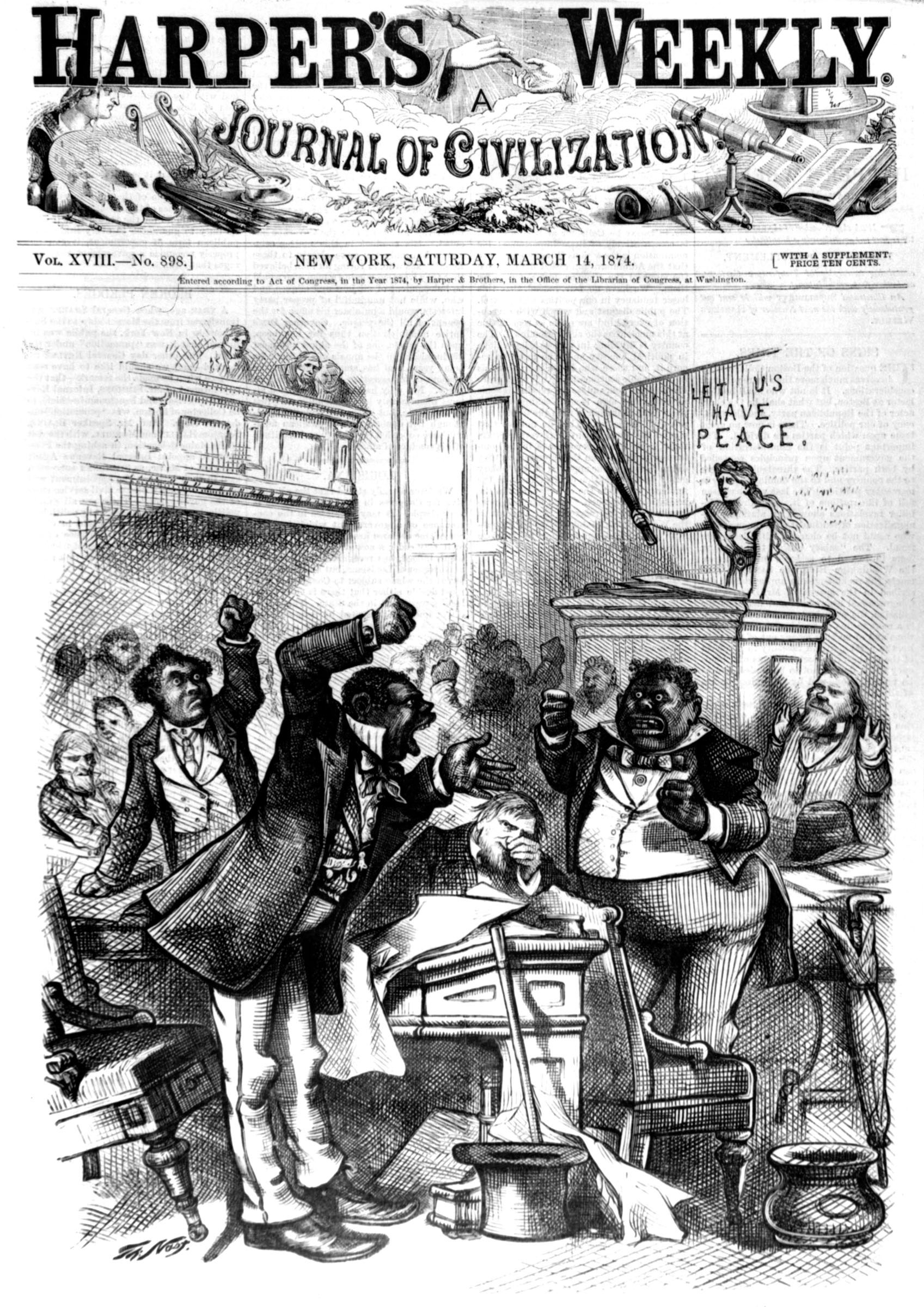 Although Thomas Nast was an ardent supporter of equal rights, he often resorted to racial and ethnic stereotypes in his <em>Harper’s Weekly</em> cartoons. Questioning the actions of some southern Black Republican legislators, Nast drew the figure of “Columbia,” symbol of the nation, chiding: “You are aping the lowest whites. If you disgrace your race in this way you had better take back seats.”