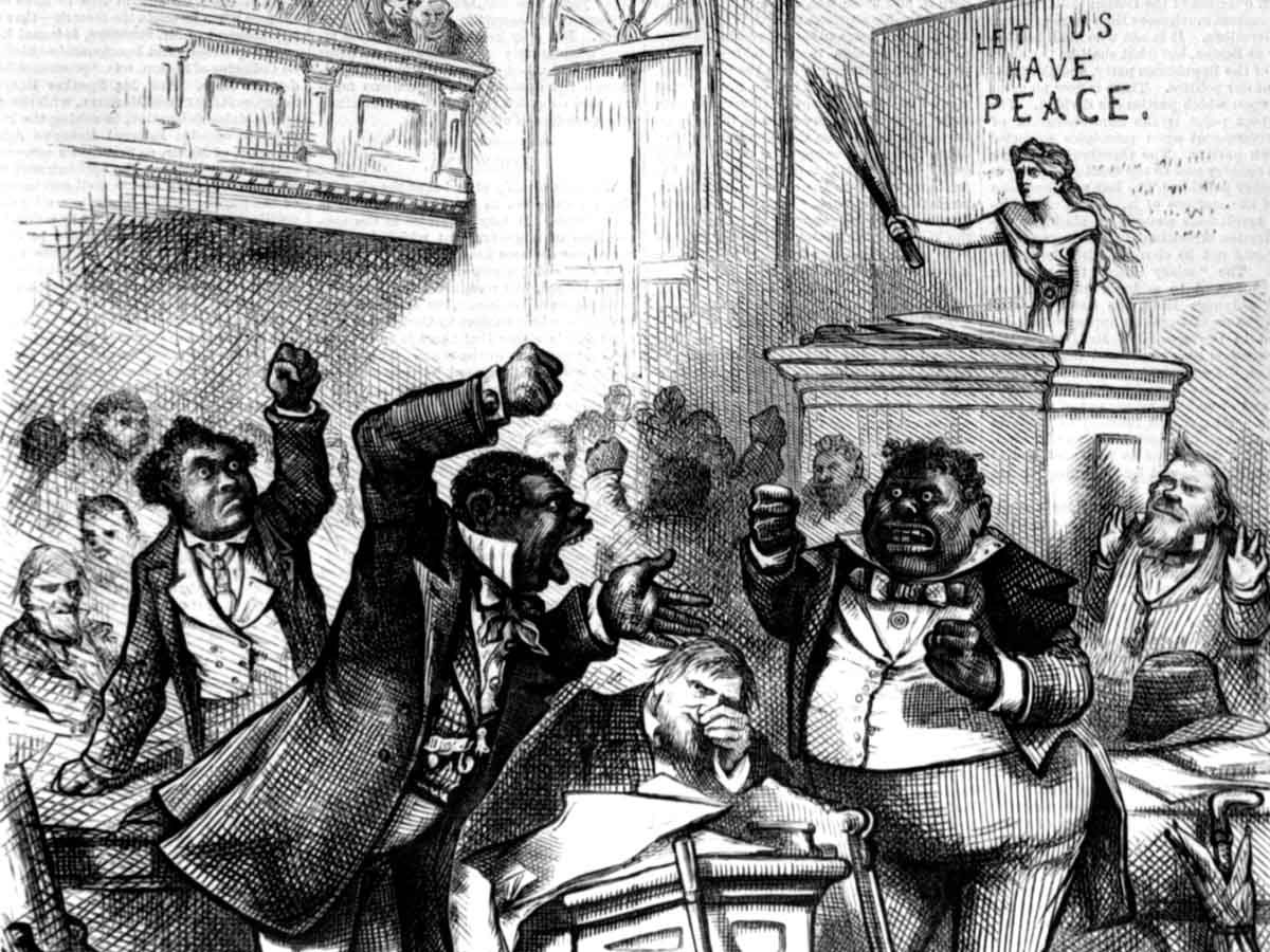 Although Thomas Nast was an ardent supporter of equal rights, he often resorted to racial and ethnic stereotypes in his <em>Harper’s Weekly</em> cartoons. Questioning the actions of some southern Black Republican legislators, Nast drew the figure of “Columbia,” symbol of the nation, chiding: “You are aping the lowest whites. If you disgrace your race in this way you had better take back seats.”