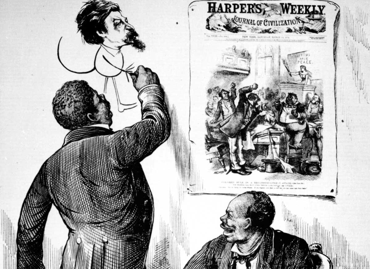 Nast received a taste of his own medicine in this answering cartoon on the cover of the <em>New York Daily Graphic</em>. Such consciousness in the press about offensive imagery would not last long. By the 1880s, with the end of a national commitment to Black equality, racist stereotypes characterized most published cartoons and illustrations.