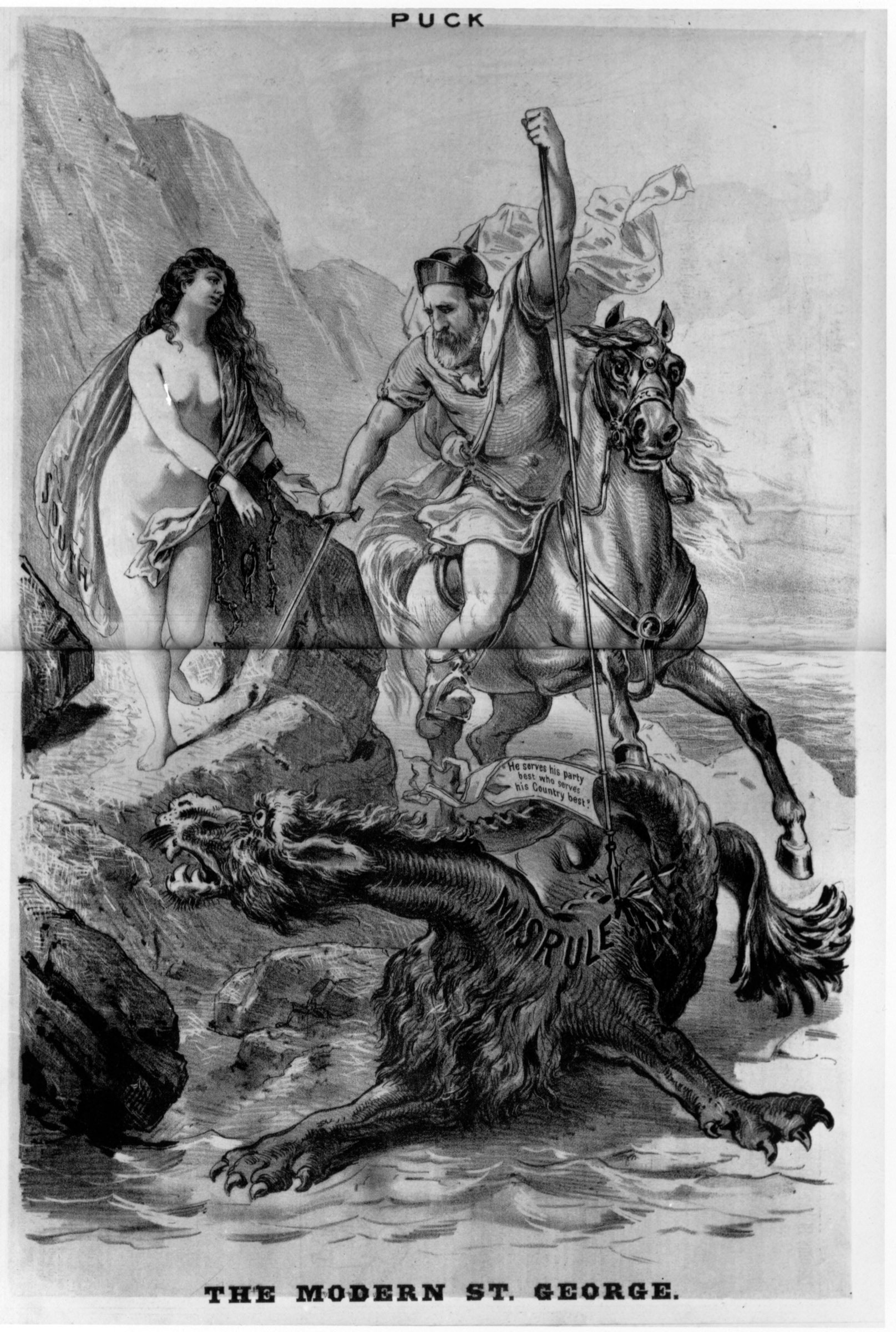 Republican president Rutherford B. Hayes is portrayed in this cartoon from the satirical weekly <em>Puck</em> as the savior saint, freeing the South from the “misrule” of Reconstruction.