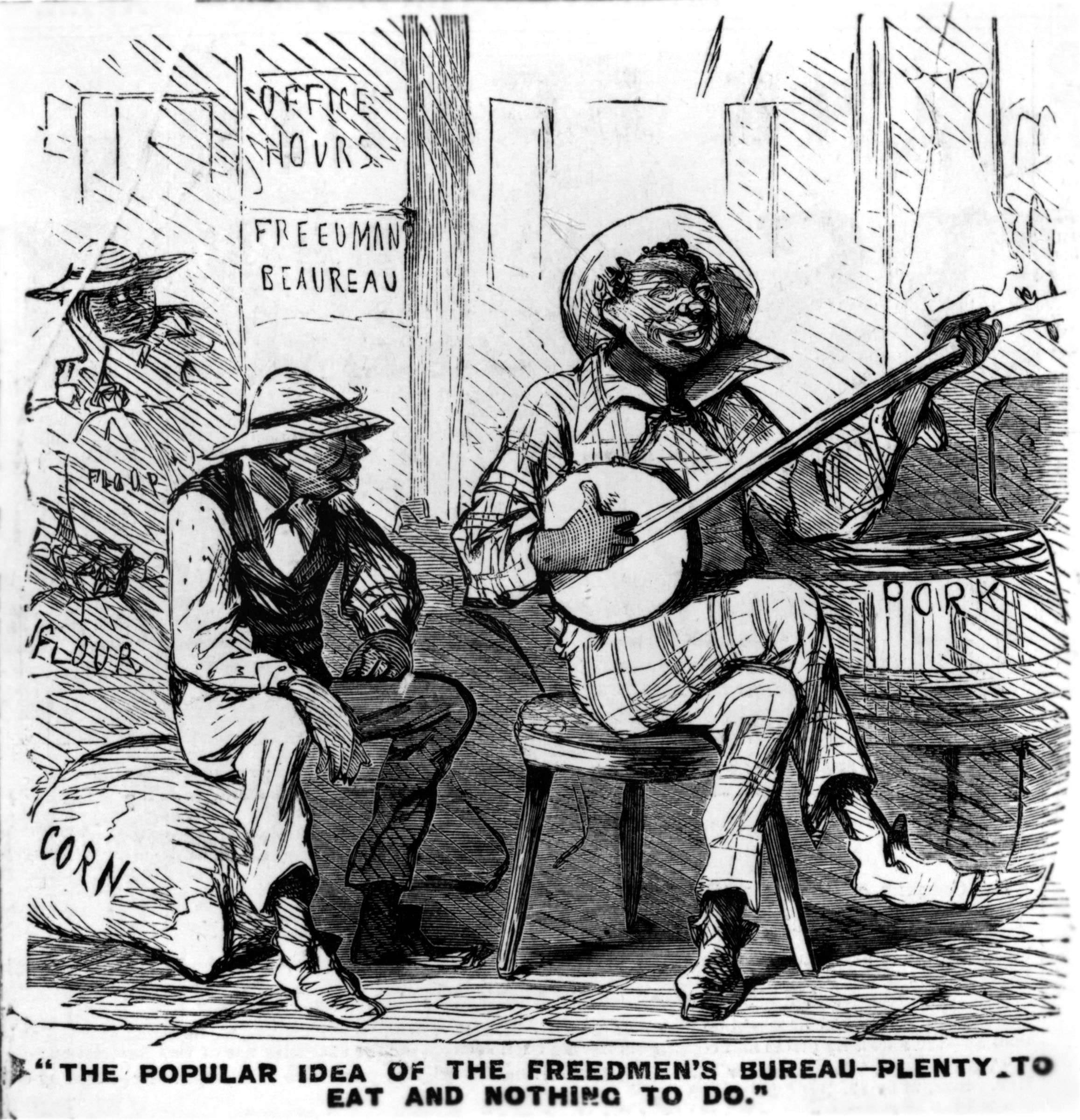 An 1866 cartoon lampoons popular misunderstanding about the policies of the Freedmen’s Bureau as well as persistent racist beliefs about freedpeople’s laziness.