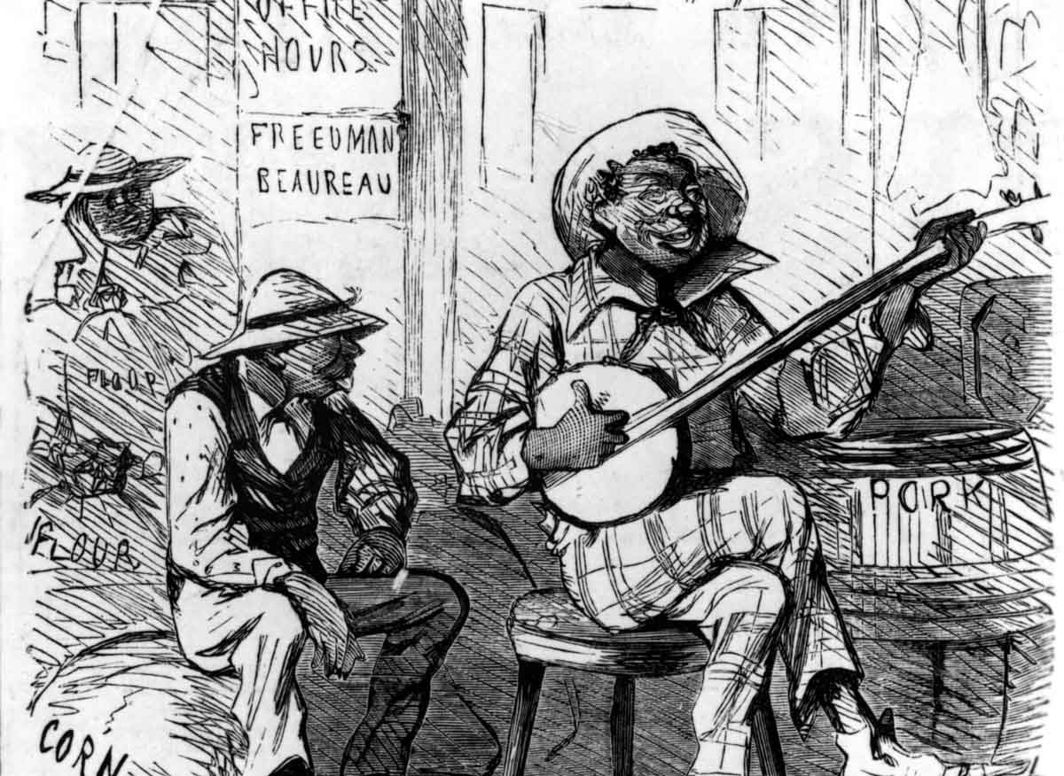 An 1866 cartoon lampoons popular misunderstanding about the policies of the Freedmen’s Bureau as well as persistent racist beliefs about freedpeople’s laziness.