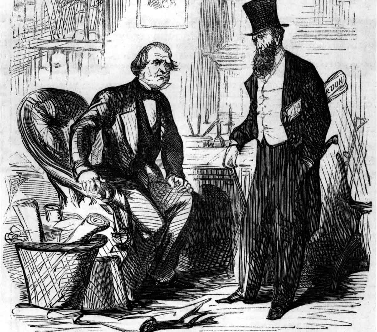 A cartoon in an illustrated newsweekly portrayed Andrew Johnson poised beside a basket overflowing with pardons to be distributed to former Confederate officials. “Look here, Andy,” says a recently reinstated southerner, “if you want Reconstruction, you had better set me over the whole thing down in our state.”