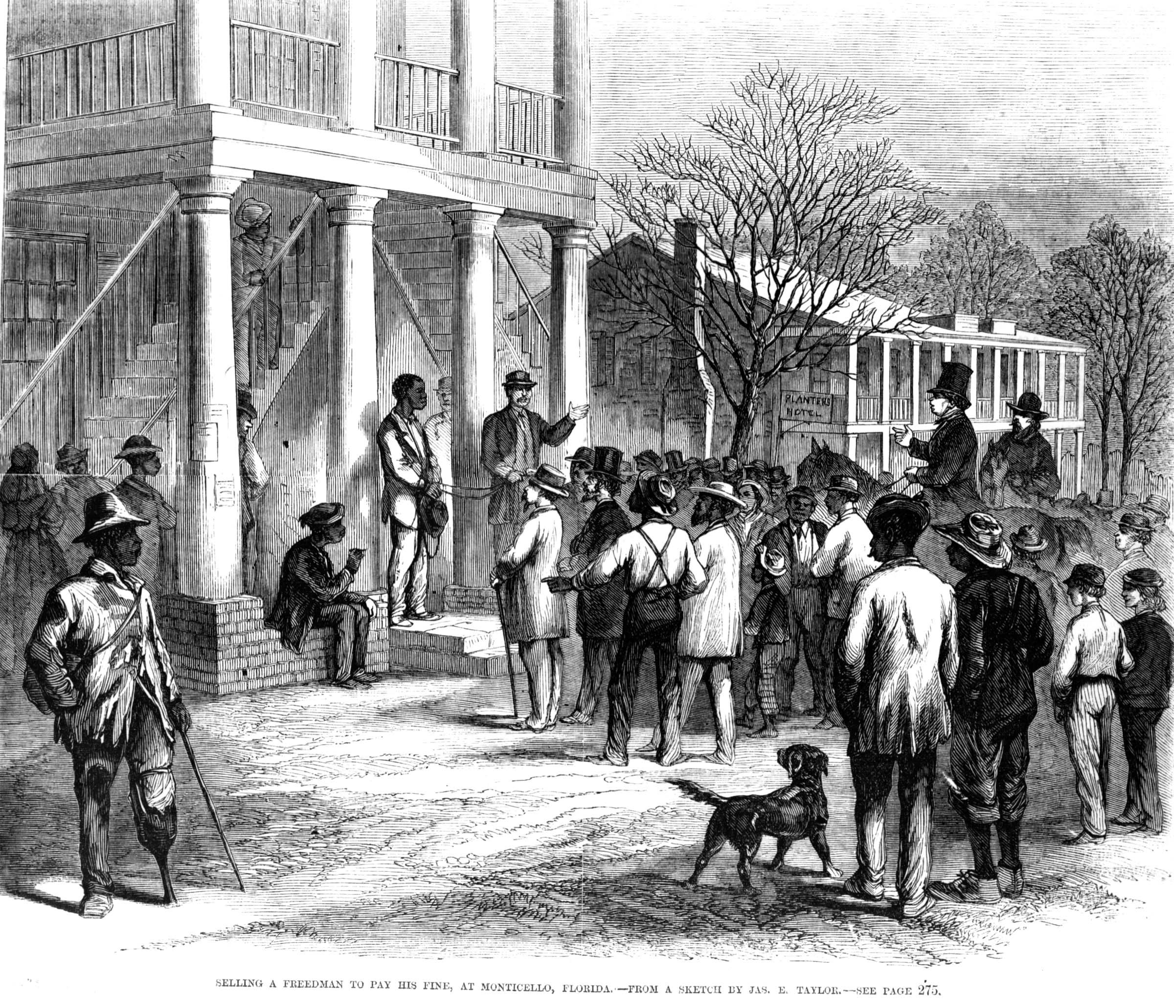 “Special artist” James E. Taylor toured the South for <em>Frank Leslie’s Illustrated Newspaper</em> after the Civil War, when the notorious Black Codes were being enforced. He sketched this scene in front of the county courthouse in Monticello, Florida, during the winter of 1866–1867, showing the auction of a freedman for his inability to pay a fine for an unspecified crime.
