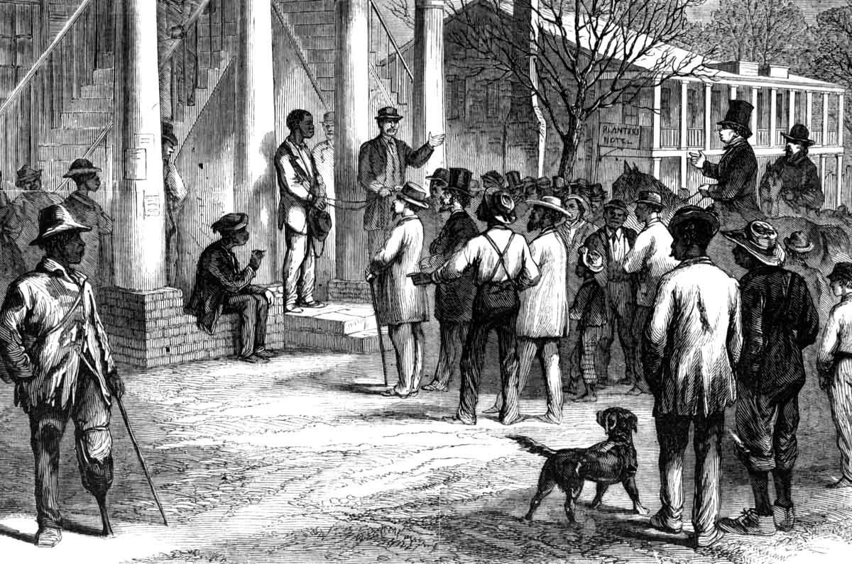 “Special artist” James E. Taylor toured the South for <em>Frank Leslie’s Illustrated Newspaper</em> after the Civil War, when the notorious Black Codes were being enforced. He sketched this scene in front of the county courthouse in Monticello, Florida, during the winter of 1866–1867, showing the auction of a freedman for his inability to pay a fine for an unspecified crime.