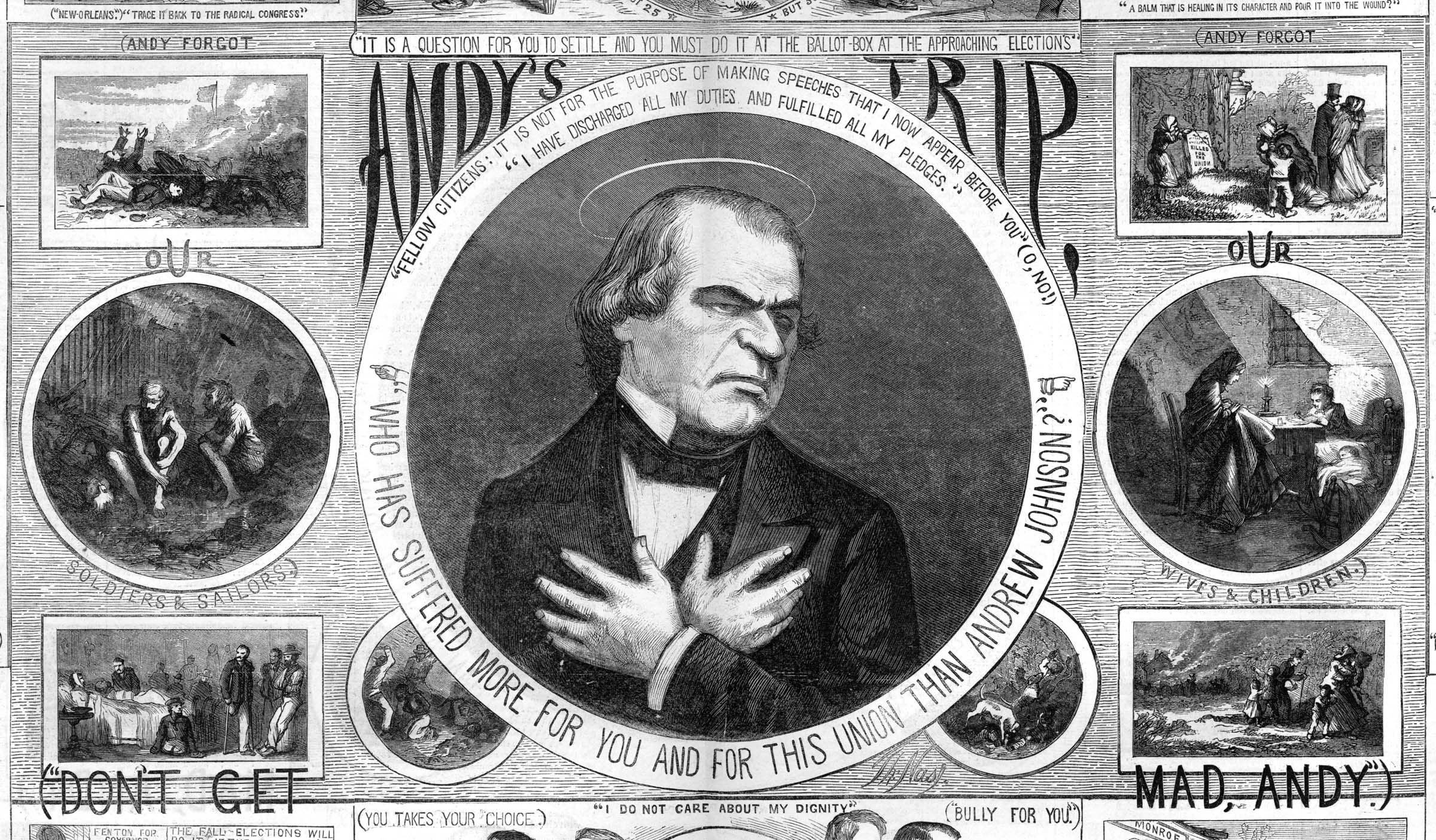 An October 1866 <em>Harper’s Weekly</em> cartoon views Andrew Johnson’s Reconstruction policies as a betrayal of northern sacrifices during the Civil War.