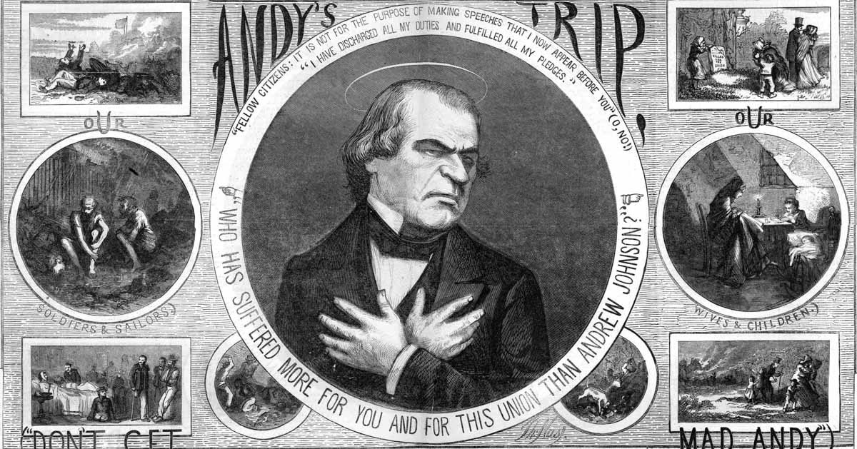An October 1866 <em>Harper’s Weekly</em> cartoon views Andrew Johnson’s Reconstruction policies as a betrayal of northern sacrifices during the Civil War.