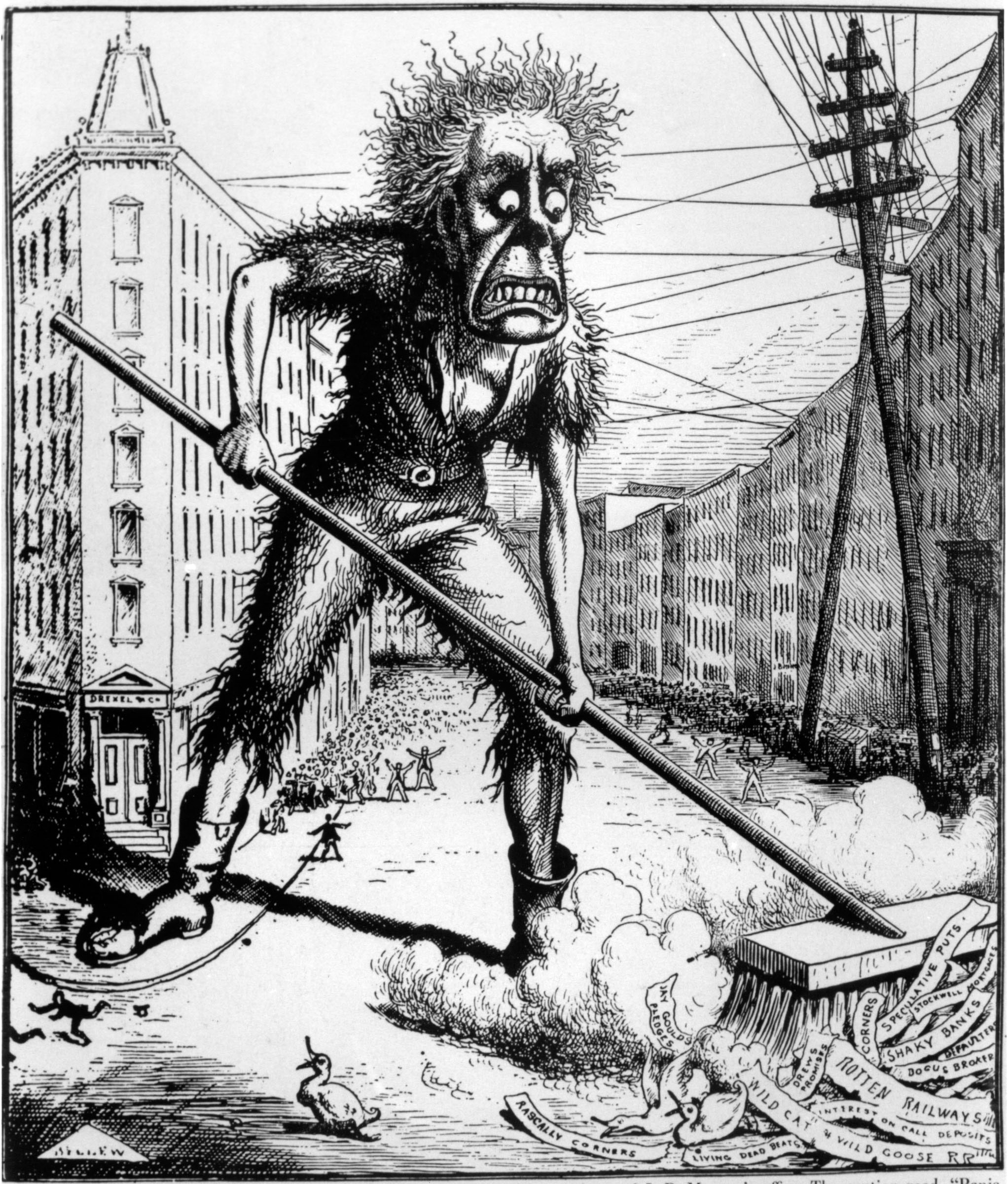 Despite the ghastly appearance of the figure representing financial panic, this <em>New York Daily Graphic </em>cover cartoon of September 29, 1873, subscribed to the belief that such financial “busts” cleansed the economy.