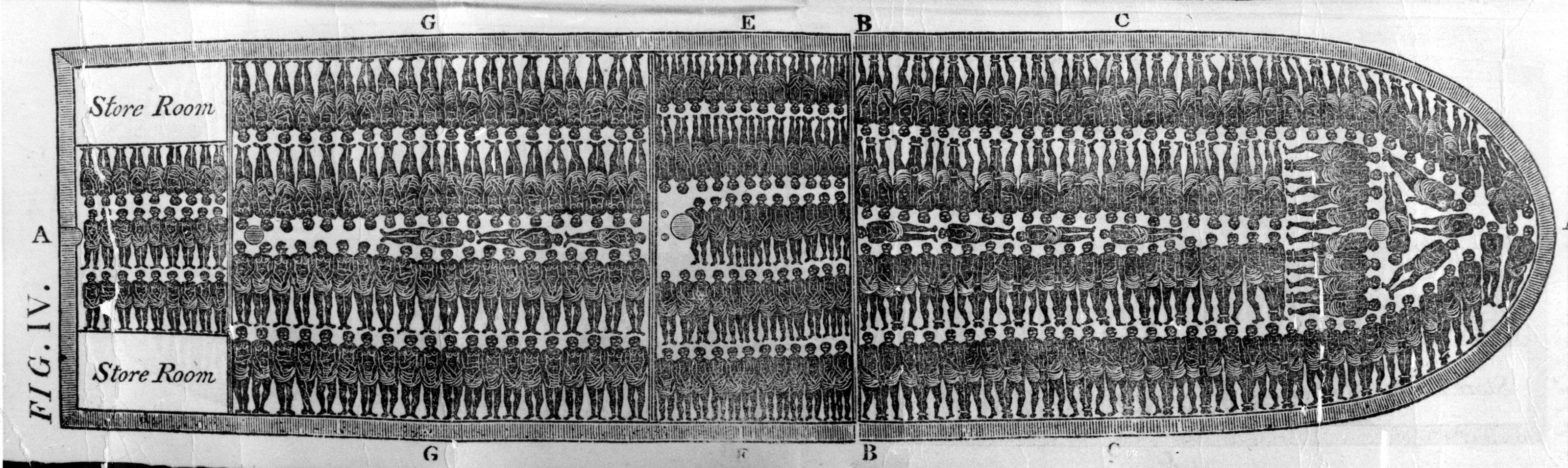 A diagram from an 1808 abolitionist report on the African slave trade shows the interior of a “slaver,” with human beings packed below deck and no room left to move. Conditions on earlier slave ships were even more foul and cramped.