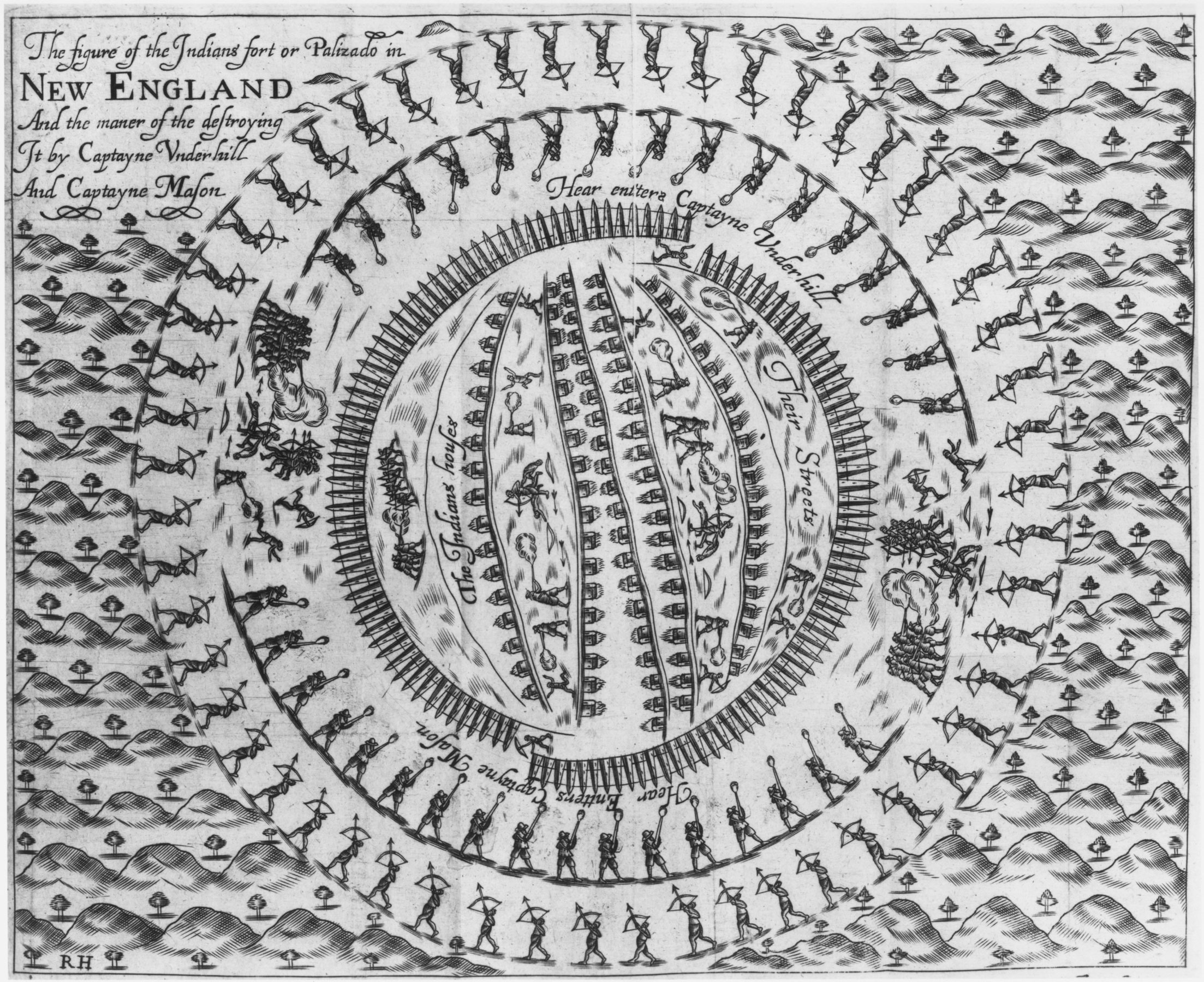 An engraving from a contemporary account of the Pequot War shows the dawn raid on the Pequot fort at Mystic, Connecticut, on May 26, 1637. “Many were burnt in the fort, both men, women, and children. Others forced out, . . . twenty and thirty at a time, which our soldiers received and entertained with the point of the sword. Down fell men, women, and children; those that scaped us fell into the hands of the Indians that were in the rear of us.”