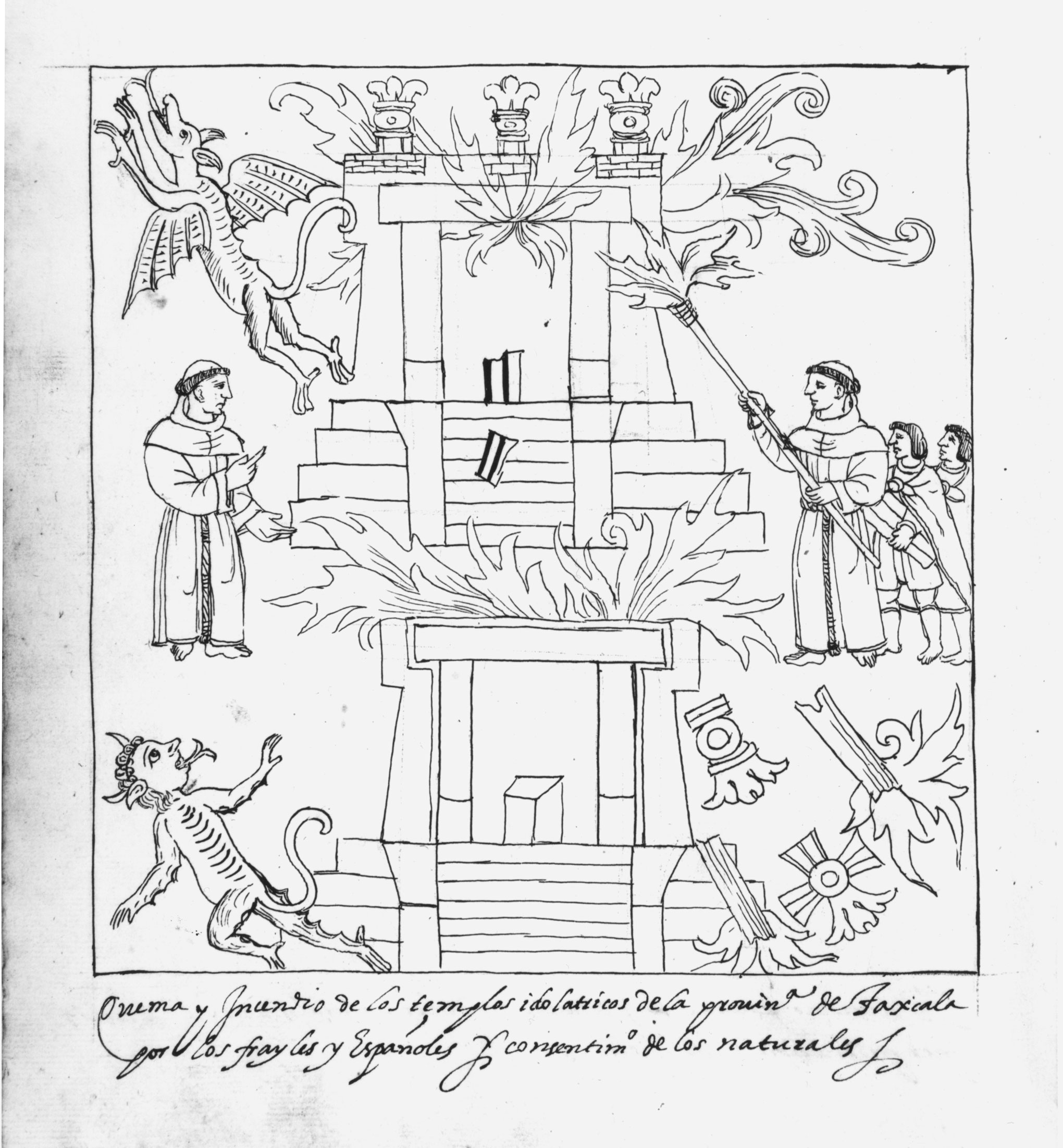 A sixteenth-century Spanish drawing approvingly documents the destruction of Aztec temples in Tlaxcala, Mexico.