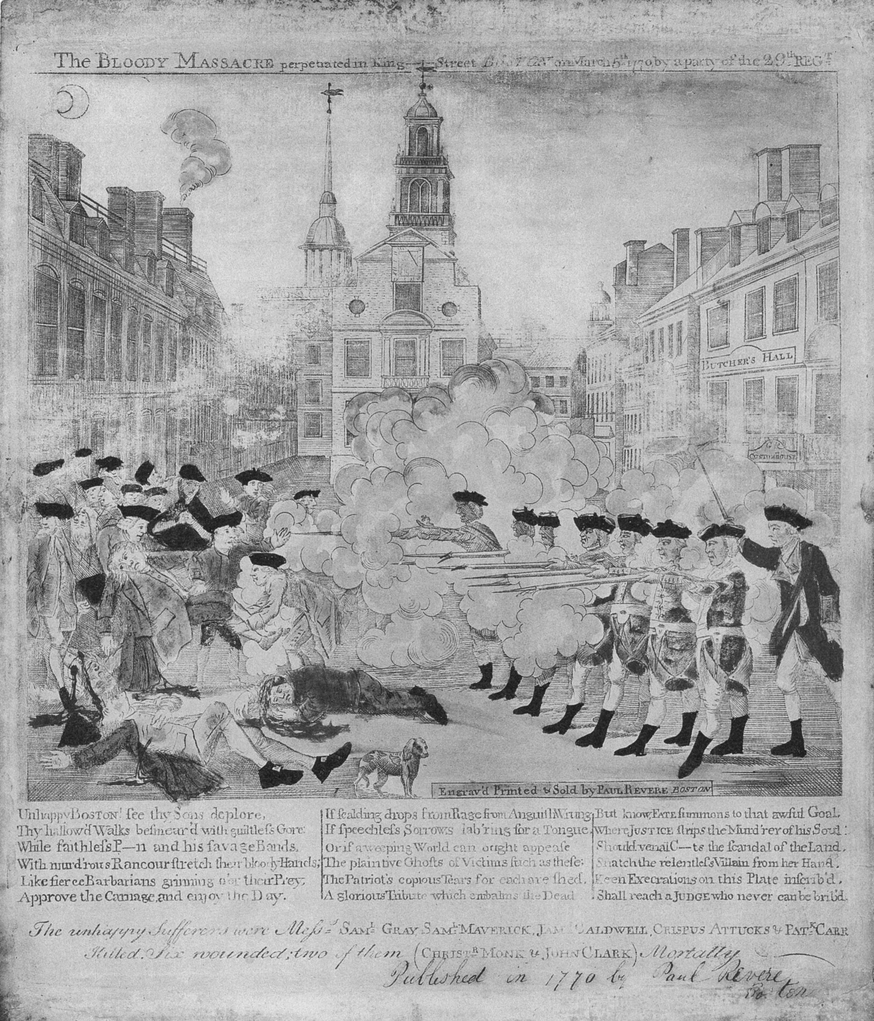Paul Revere issued his version of the Boston Massacre three weeks after the incident. The print (which Revere plagiarized from a fellow Boston engraver) was widely circulated and repeatedly copied (over twenty-four times). The print was the official Patriot version of the incident. British soldiers actually did not fire a well-disciplined volley; white men were not the sole actors in the incident; and the Bostonians provoked the soldiers with taunts and thrown objects before shots were fired.