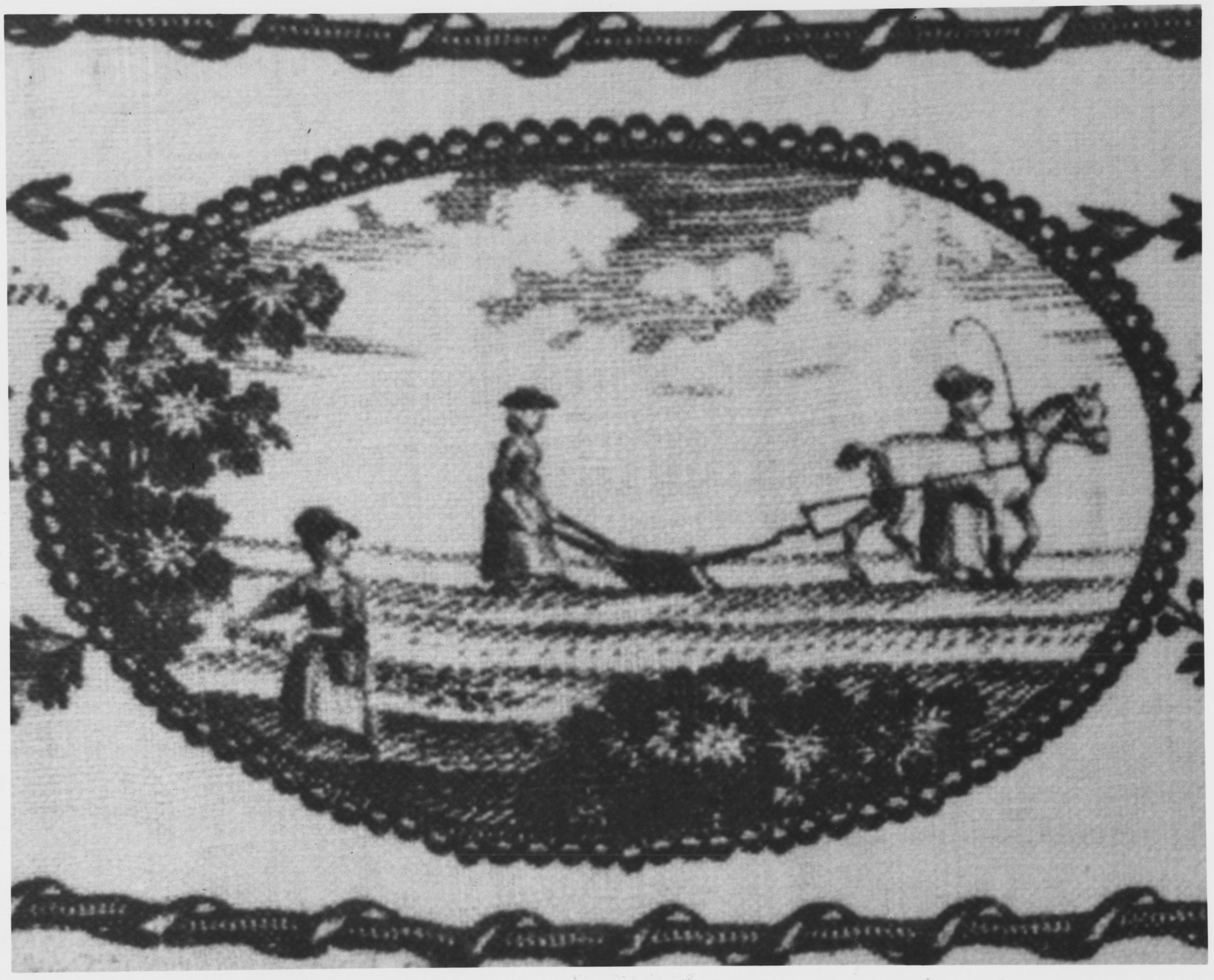 A detail from an English printed handkerchief presented the contributions of three American sisters to the struggle for independence: while their husbands fought, they ran the farm—milking, baking, and, shown here, plowing.