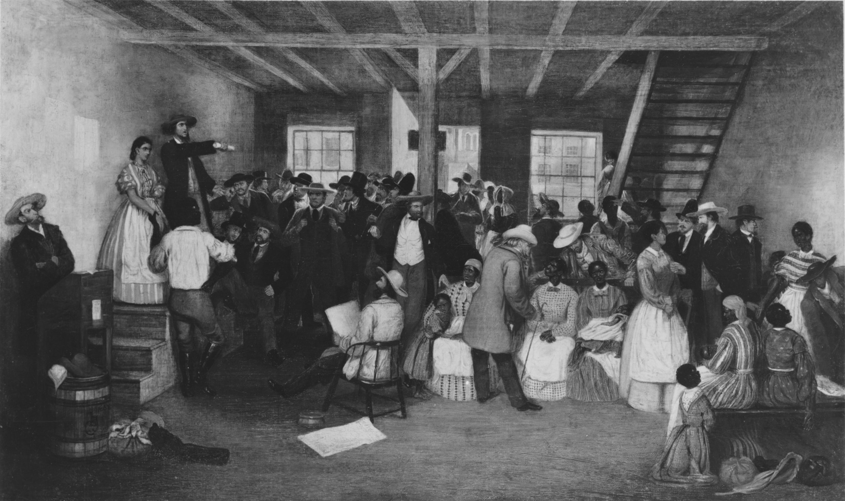 Slavery, and particularly auctions of enslaved people, left an indelible impression on many visitors to the antebellum South. One of them was a British artist, Lefevre James Cranstone, who sketched a Richmond sale in 1860 and subsequently rendered this painting on his return to England in 1862. In a letter to his hometown British newspaper, Cranstone described details of the scene he later placed on canvas, among them: "In spite of what is so often said in contradiction to the parting of families, I was an eyewitness that such is the fact; several young children and their mothers being knocked down [sold] to different purchasers."
