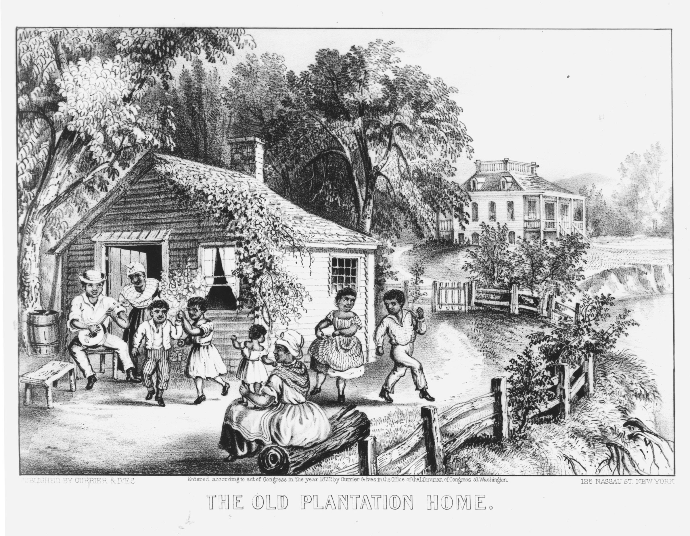 This lithograph by the popular firm of Currier and Ives portrayed the enslaved people's living quarters as a carefree world, basking in the glow of the planter’s benevolence. The plantation as the perfect extended family was a common theme of proslavery prints before the Civil War—and after.