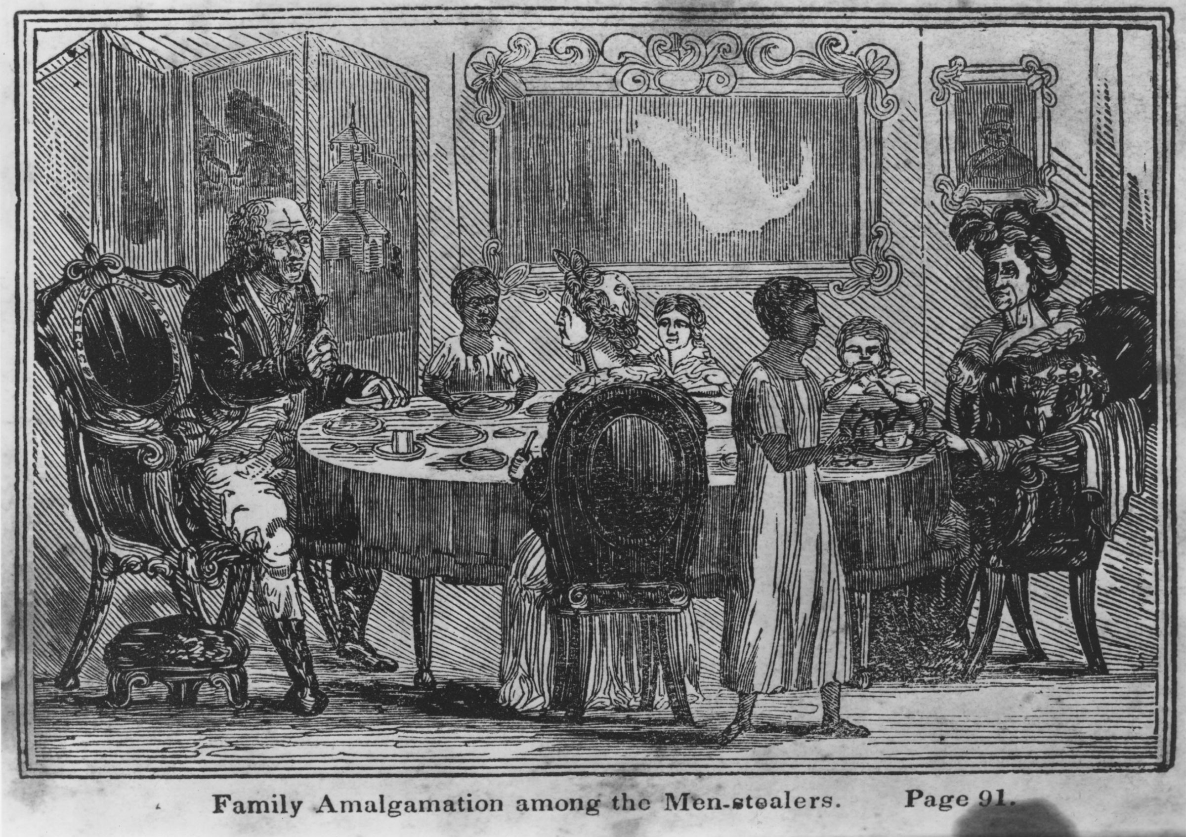 An illustration from an 1834 antislavery tract depicted an unlikely domestic scene in a plantation household, with enslaved children joining enslavers at the dinner table. Some antislavery advocates viewed the potential for intimacy between white and Black people as one of the demoralizing effects of the “peculiar institution.”