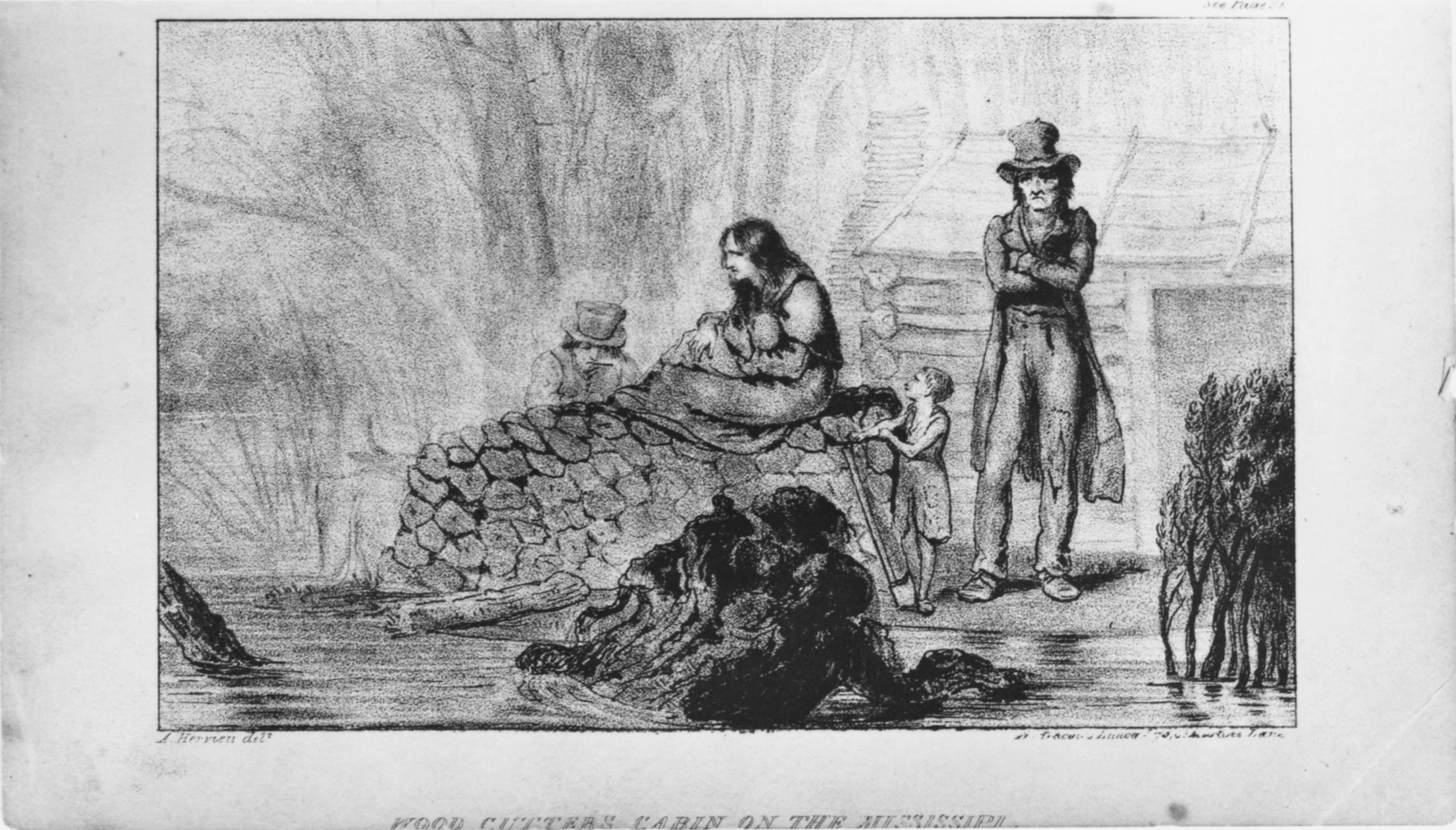 French artist August Hervieu sketched a poor white family in 1827. The drawing later appeared as an illustration in British author Frances Trollope’s acerbic and very popular account of a stay in the United States, <em>Domestic Manners of the Americans,</em> published in 1832.