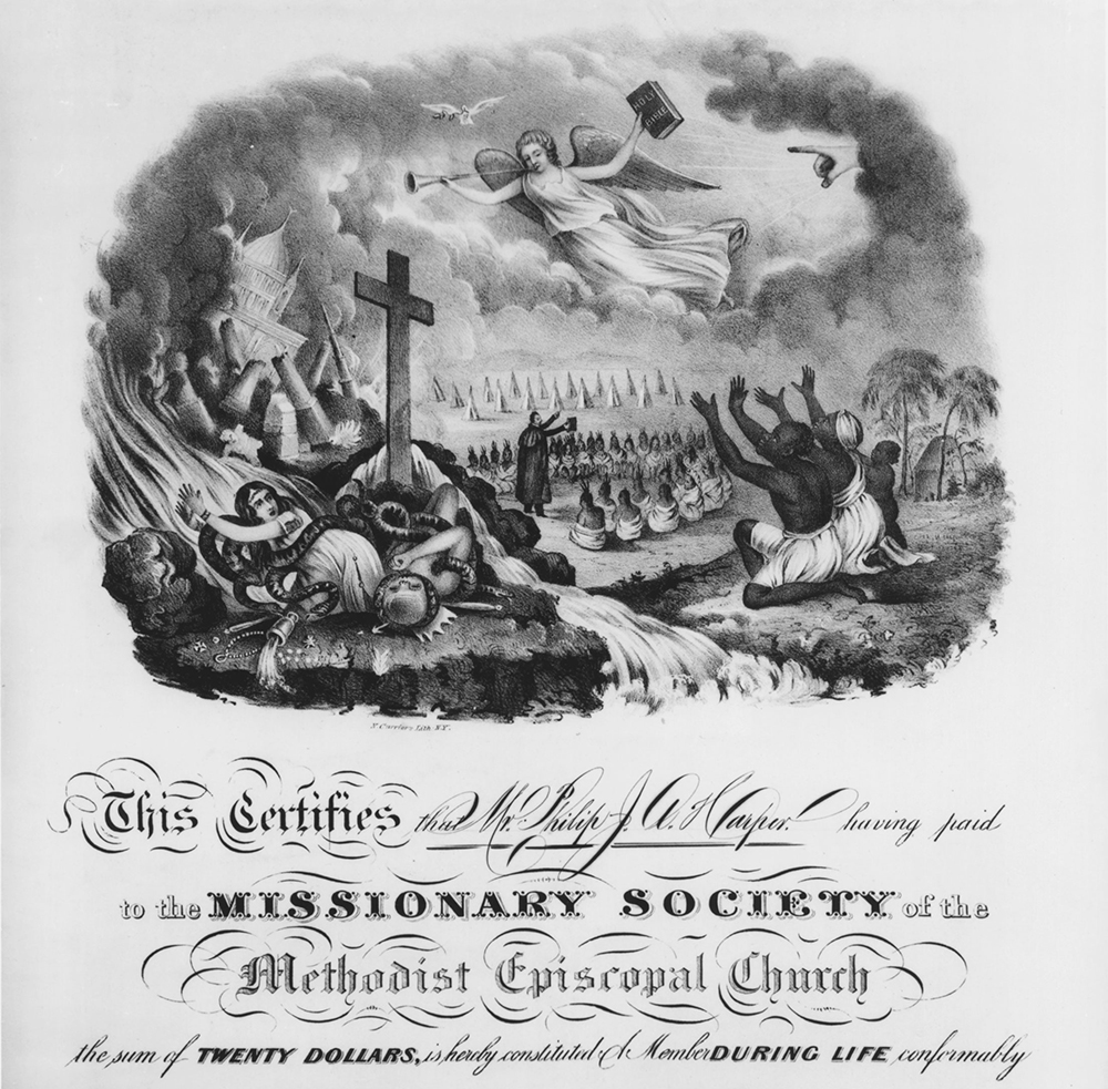 The iconography on the certificate of the Methodist Episcopal Church’s Missionary Society espoused the church’s evangelical creed but obscured growing division among its members over the issue of slavery.