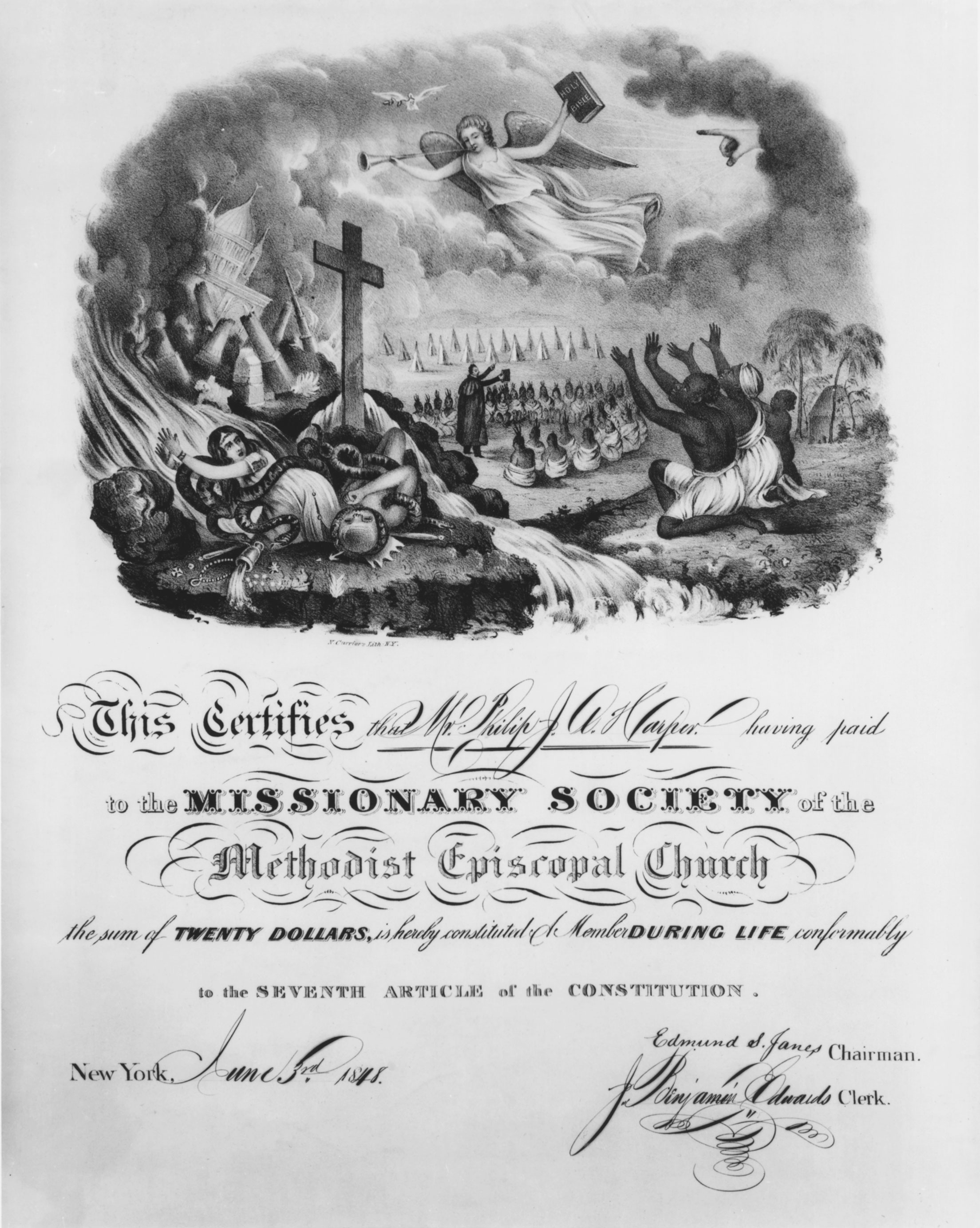 The iconography on the certificate of the Methodist Episcopal Church’s Missionary Society espoused the church’s evangelical creed but obscured growing division among its members over the issue of slavery.