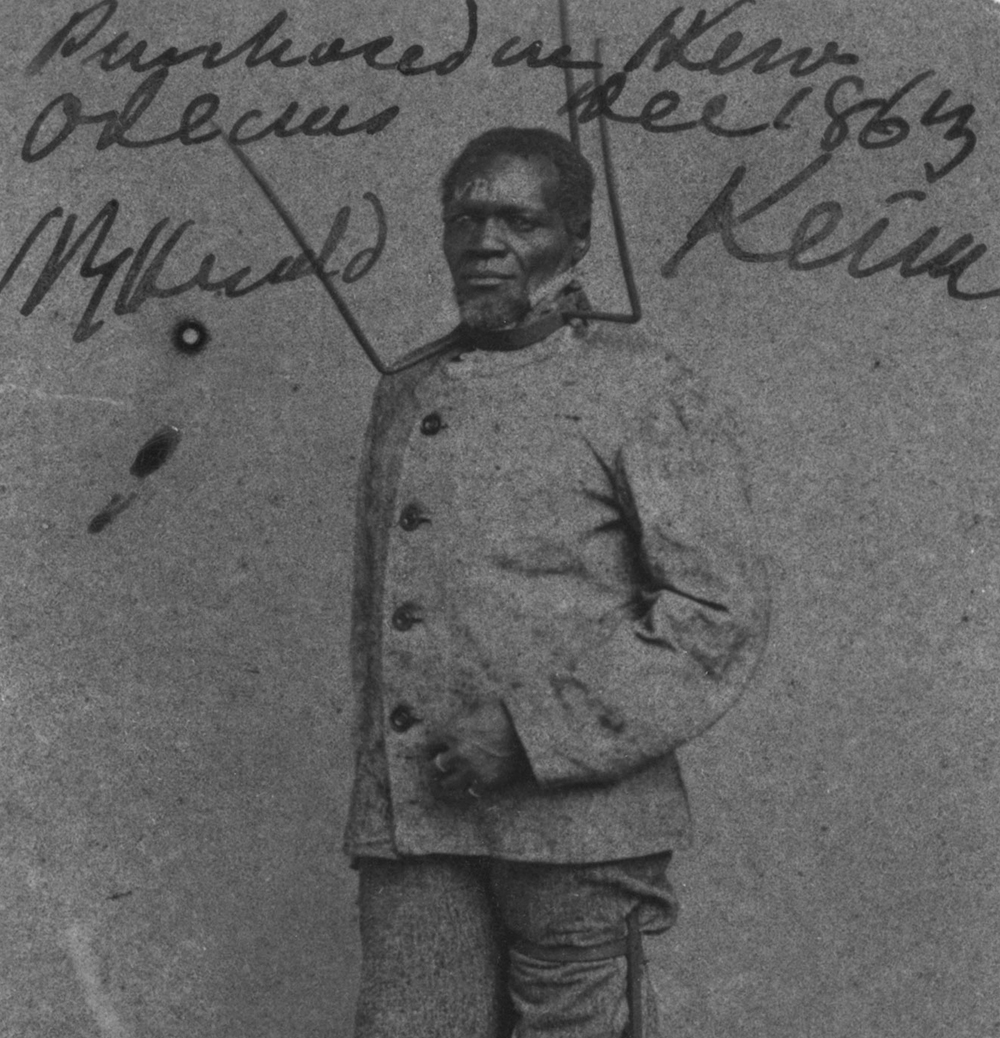 During the Civil War, Wilson Chinn, a former enslaved person in Louisiana, exhibited instruments of punishment devised by planters. Difficult to discern here, as well as in the original photograph, the initials of Chinn’s enslaver were branded on his forehead.
