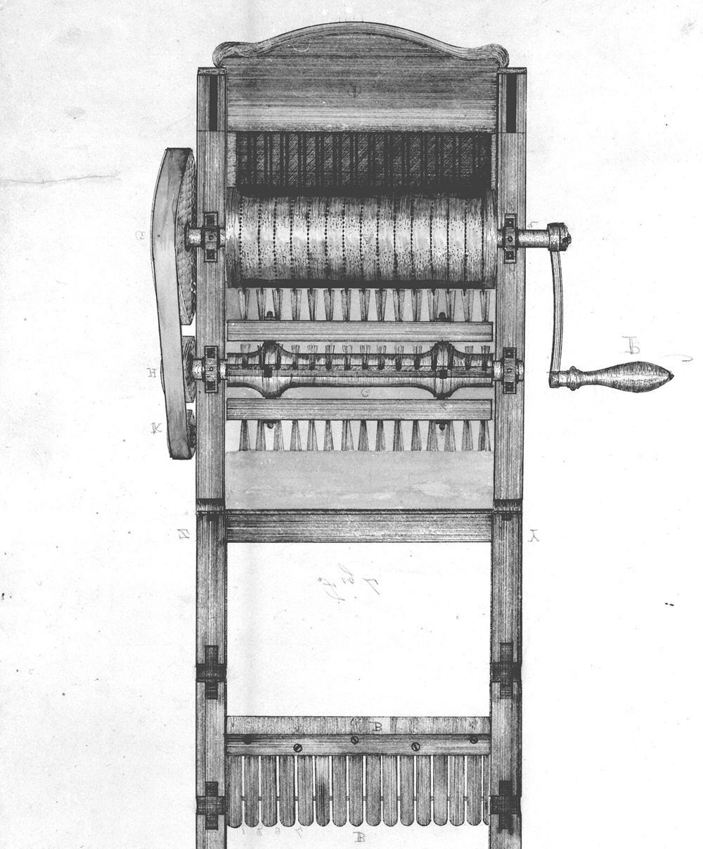 This sketch was submitted by Eli Whitney in 1793 when he applied for a patent for his new invention.