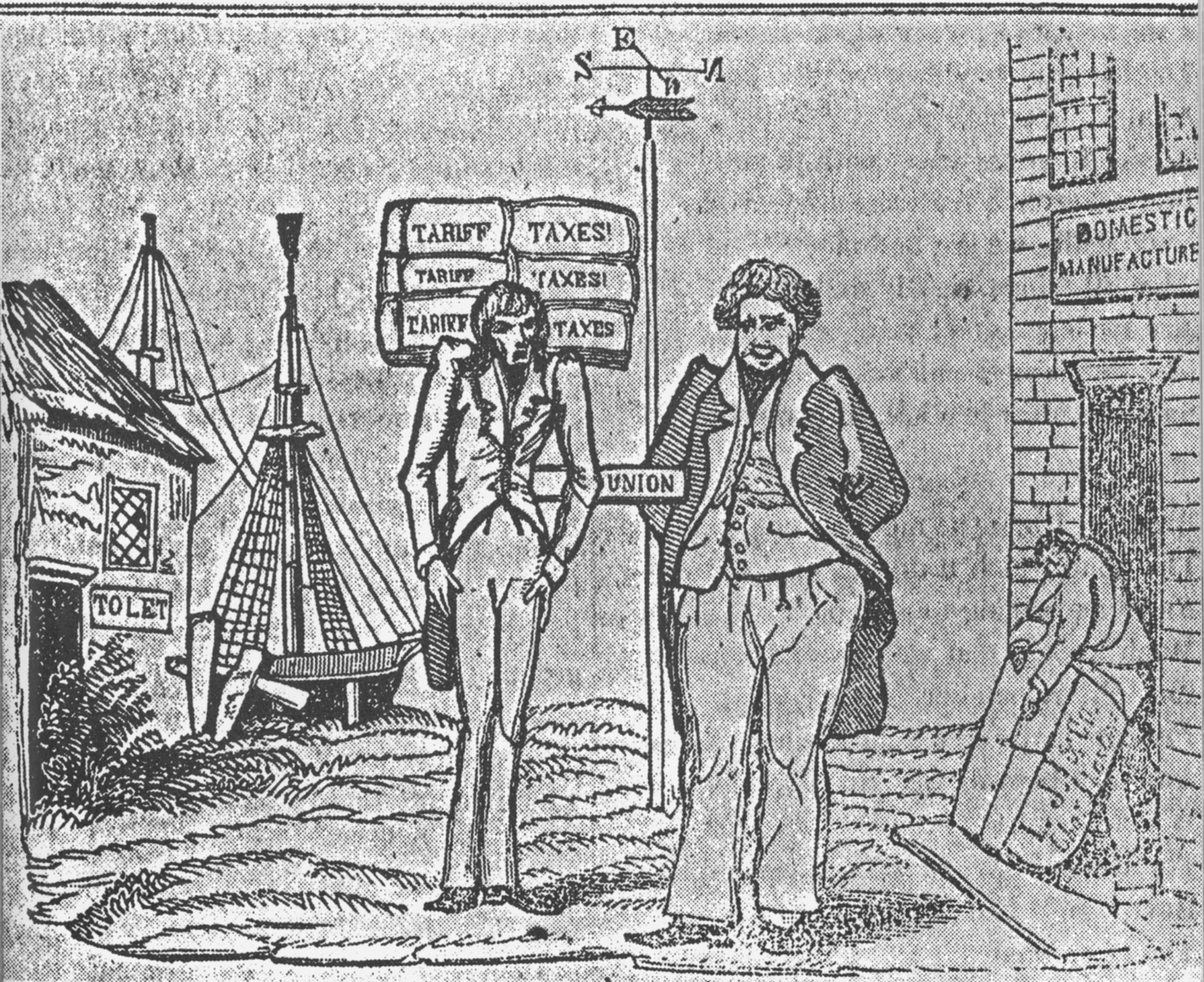An anonymous contemporary cartoon provided a simple diagram of the tariff issue from the southern perspective. Northern industry is represented by the corpulent figure on the right, thriving thanks to the tariff’s protection from foreign competition. Meanwhile, his conjoined twin, a skeletal South, staggers beneath his economic burden in front of a foreclosed farmhouse and an idle ship.