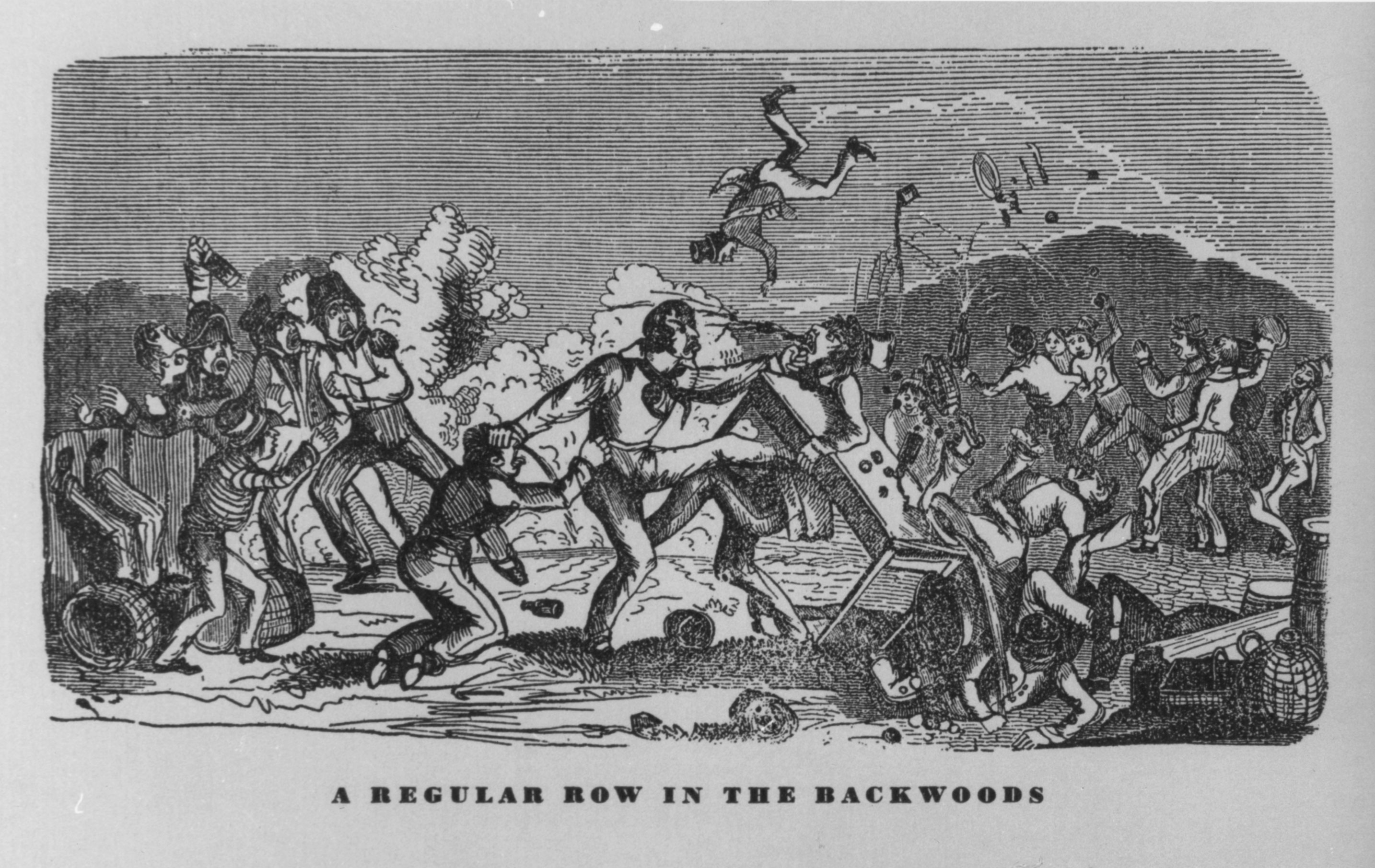 The 1841 issue of the <em>Crockett Almanac</em>, named after the Tennessee backwoodsman made famous by his self-serving tall tales, portrayed a rough rural “sport.” Inexpensive comic almanacs combined illustrated jokes on topical subjects with astrological and weather predictions.