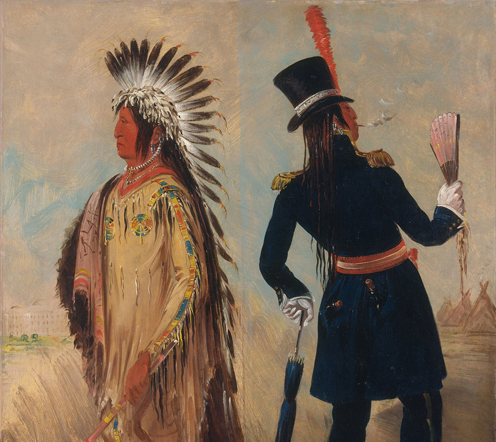 The lawyer-turned-Native American-portraitist George Catlin trekked across the Great Plains in the 1830s to record the faces and customs of&nbsp;Nakoda Oyadebis<strong> (</strong>Assiniboines) (a nation in present-day North Dakota) and other Native Americans before they passed into “oblivion.” In this dual portrait painted in the late 1830s, Catlin depicted the Native leader Wi-jún-jon. Catlin mistranslated Wi-jún-jon, whose name means “The Light" in Nakota, to “Pigeon's Egg Head.” Catlin sought to depict Wi-jún-jon as a victim of progress.&nbsp;Shown first striking a noble pose before leaving his community, Wi-jún-jon is tragically transformed in the second half of the painting; his return from white civilization reveals a foppish figure armed with an umbrella and a fan, a whiskey bottle peeking out of his rear pocket.