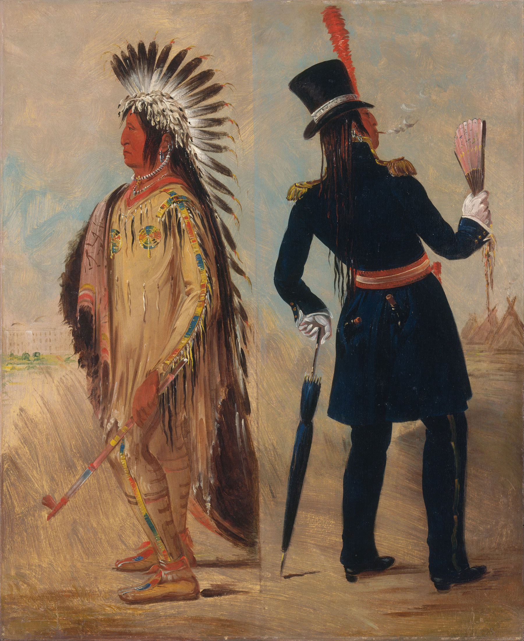 The lawyer-turned-Native American-portraitist George Catlin trekked across the Great Plains in the 1830s to record the faces and customs of&nbsp;Nakoda Oyadebis<strong> (</strong>Assiniboines) (a nation in present-day North Dakota) and other Native Americans before they passed into “oblivion.” In this dual portrait painted in the late 1830s, Catlin depicted the Native leader Wi-jún-jon. Catlin mistranslated Wi-jún-jon, whose name means “The Light" in Nakota, to “Pigeon's Egg Head.” Catlin sought to depict Wi-jún-jon as a victim of progress.&nbsp;Shown first striking a noble pose before leaving his community, Wi-jún-jon is tragically transformed in the second half of the painting; his return from white civilization reveals a foppish figure armed with an umbrella and a fan, a whiskey bottle peeking out of his rear pocket.