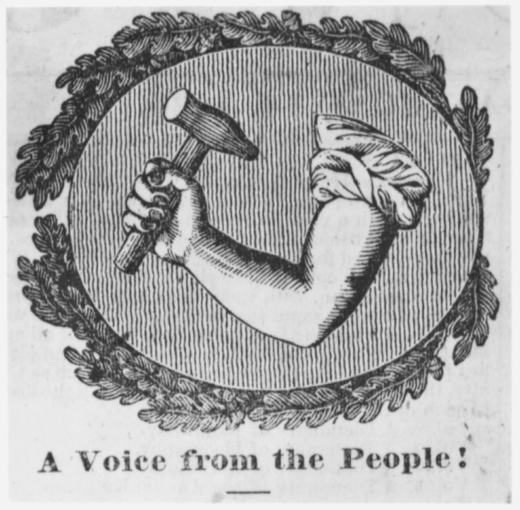 The artisan’s symbol adorned an announcement in New York’s General Trades’ Union newspaper, <em>The Union</em>, calling for a demonstration to support union tailors convicted of conspiracy in 1836.
