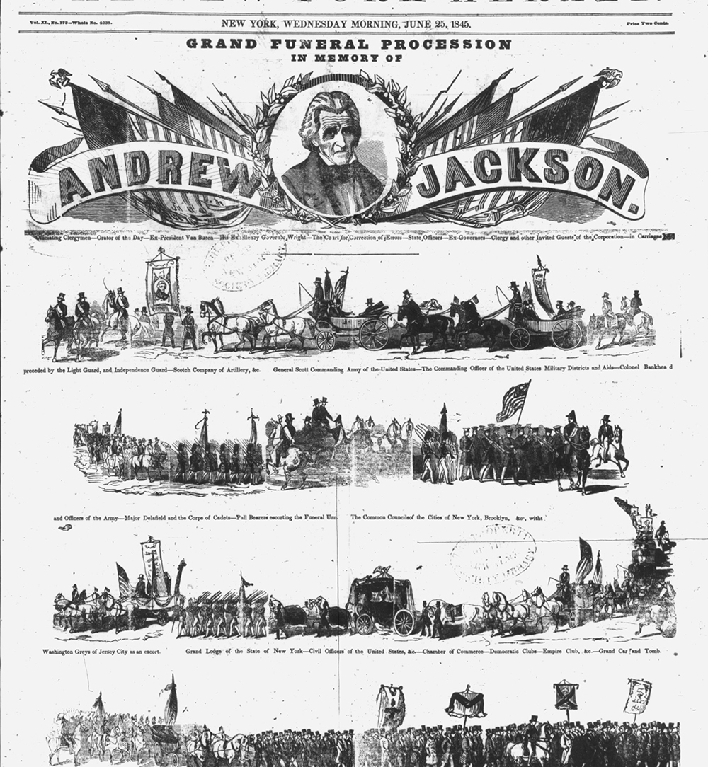 Expanded political participation was aided by and contributed to the rise of new, inexpensive newspapers that trafficked in scandal and sensation. The New York <em>Herald</em>, more than any other of the so-called penny newspapers, published topical pictures. Most of the time, the pictures were simple maps or crude portraits of people in the news. Occasionally, special events received greater pictorial coverage. But when the <em>Herald</em> published five detailed pictures on its cover showing New York’s 1845 funeral procession honoring Andrew Jackson—the first full-page cover devoted to pictures ever to appear in a daily newspaper—rival newspapers charged that the same engravings had been used to illustrate Queen Victoria’s coronation, William Henry Harrison’s funeral, and the celebration of the opening of the Croton reservoir. The <em>Herald</em> discontinued illustrating the news after 1850, leaving that task to the weekly illustrated press.