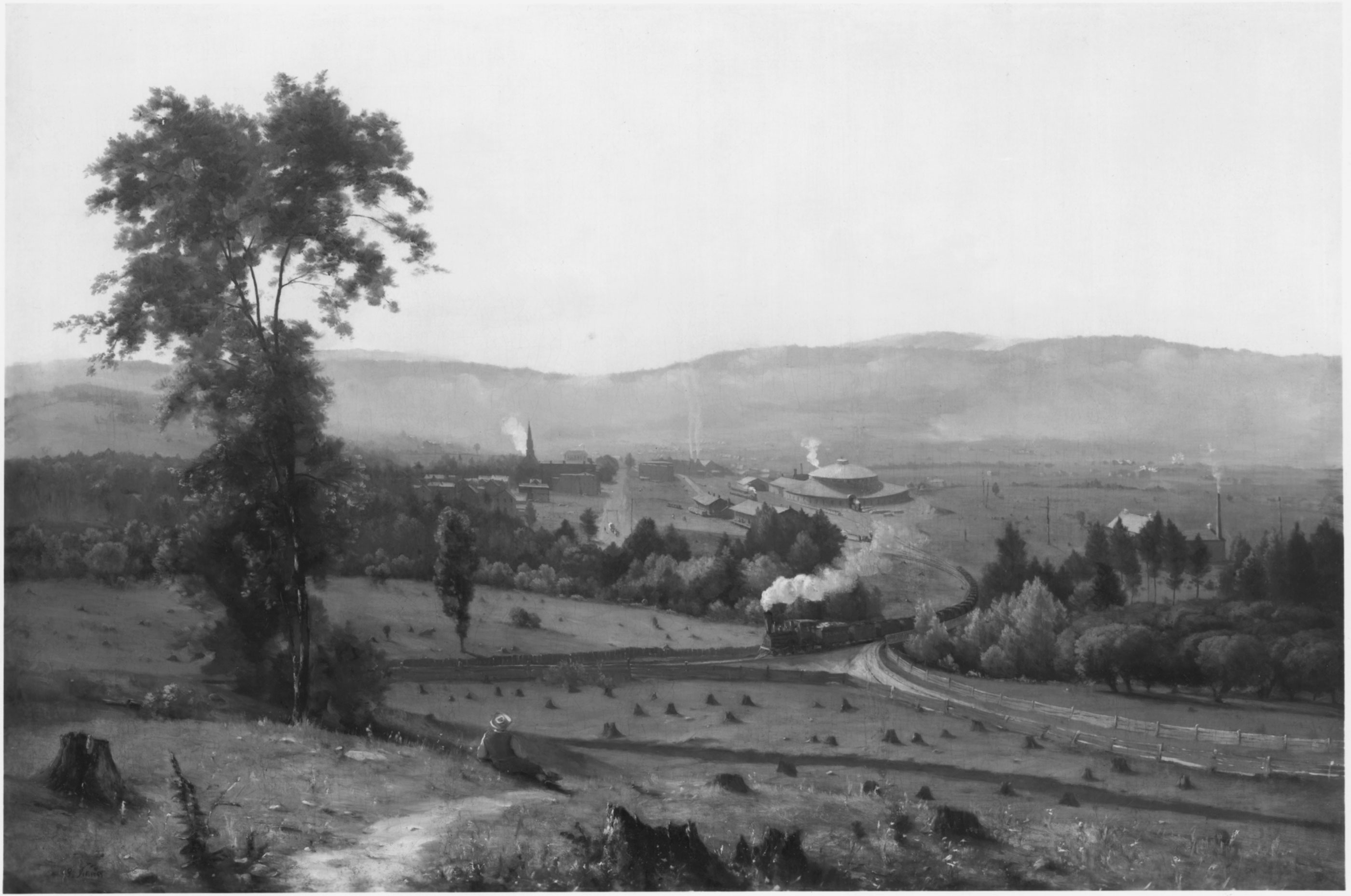 George Inness’s panoramic painting, commissioned by the Delaware, Lackawanna, and Western Railroad in 1855, placed the symbol of industrialization in a bucolic setting. The railroad’s president paid Inness &dollar;75 to paint a scene showing three locomotives. The artist gave him only one train but obliged the president’s zeal for advertising by painting three tracks leading into the new Scranton, Pennsylvania, roundhouse instead of the one that actually existed.