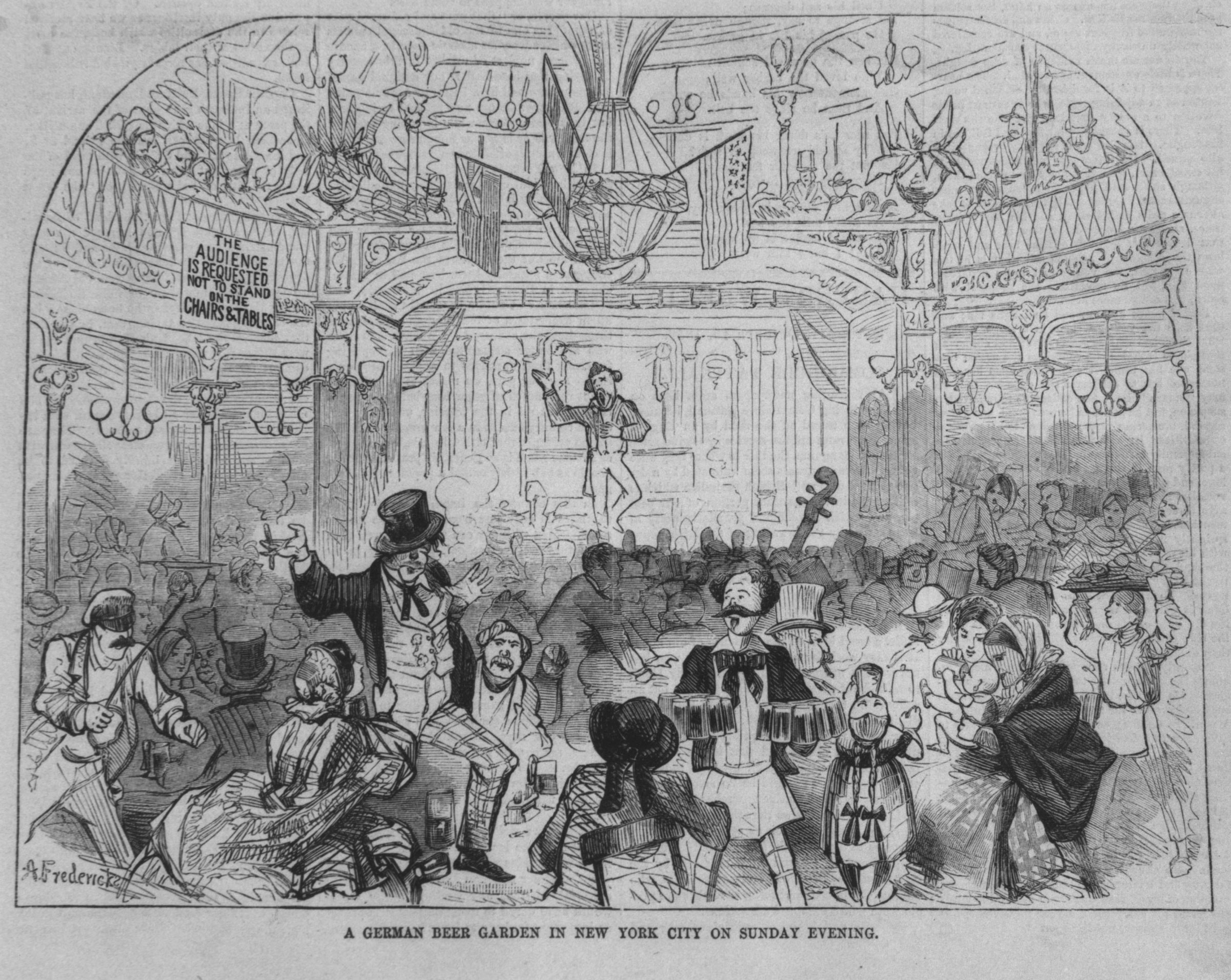 Although German immigrants did not mix politics and liquor, reformers were disconcerted by the atmosphere of their social establishments. Unlike the bars in Irish neighborhoods, beer gardens catered to whole families. As this 1859 engraving shows, public drinking was only one attraction at a beer garden; but to reformers, the presence of women and children suggested immorality.