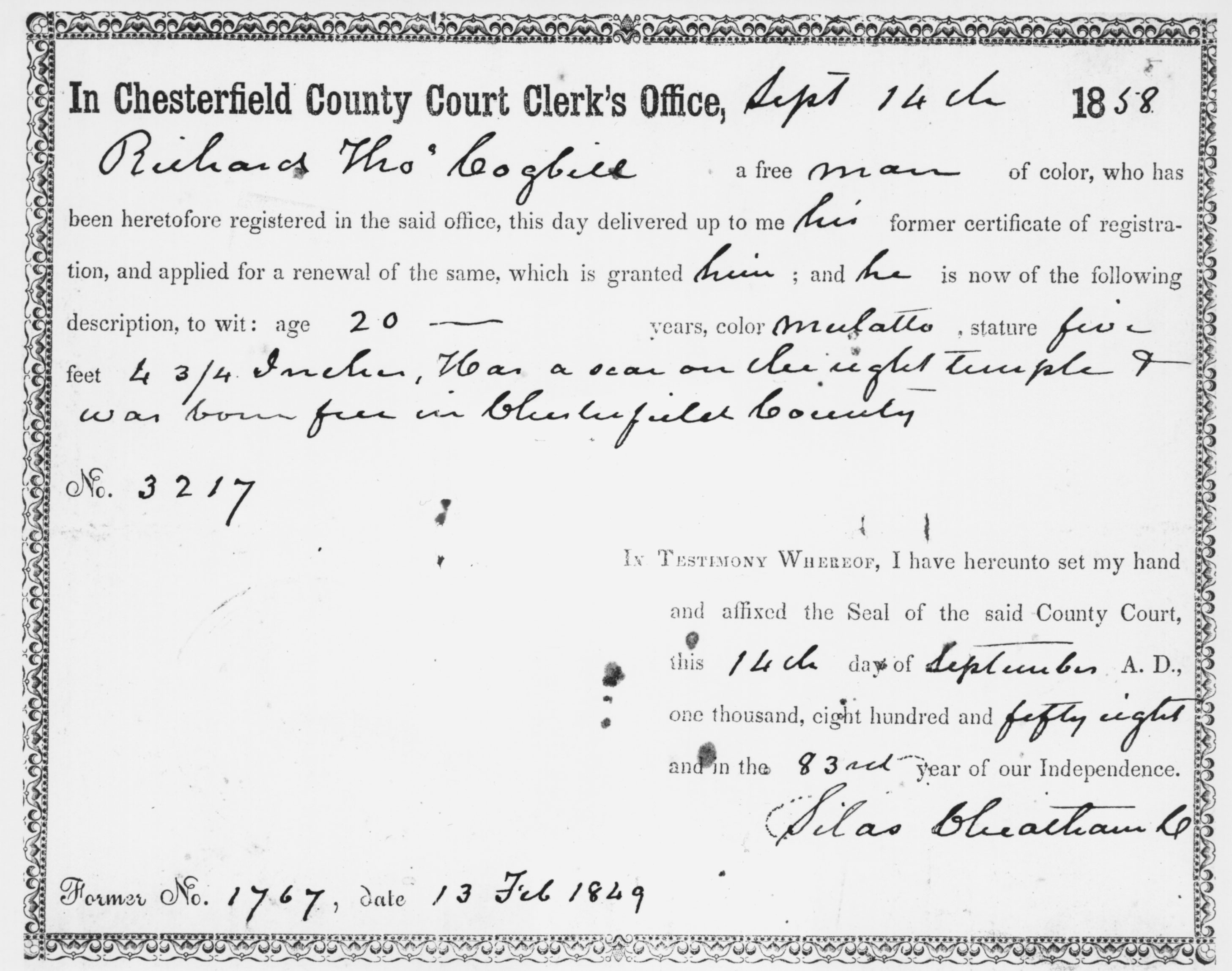 A form issued by a Virginia county court in 1858 to Richard Cogbill certified his claim to be a free-born African American.